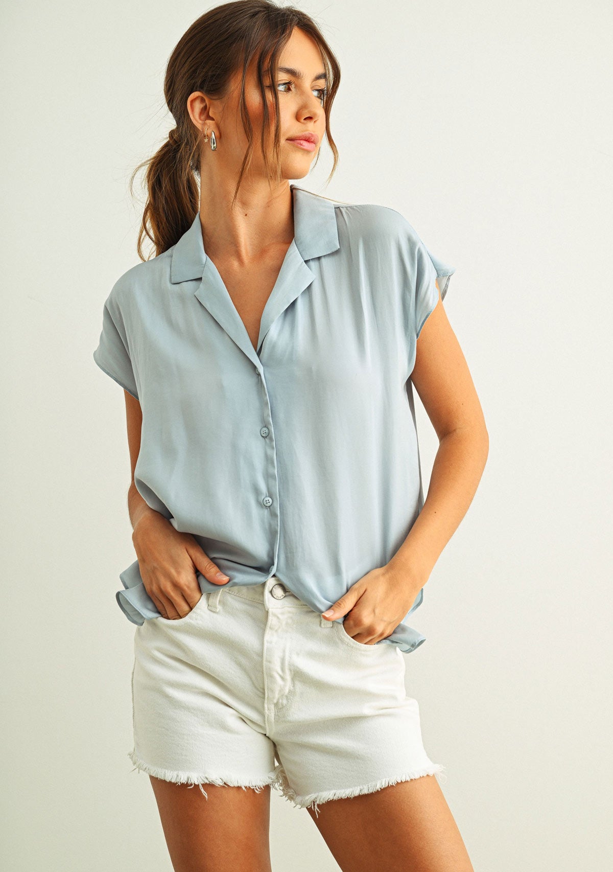 Button Down Cap Sleeve Shirt Baby Blue