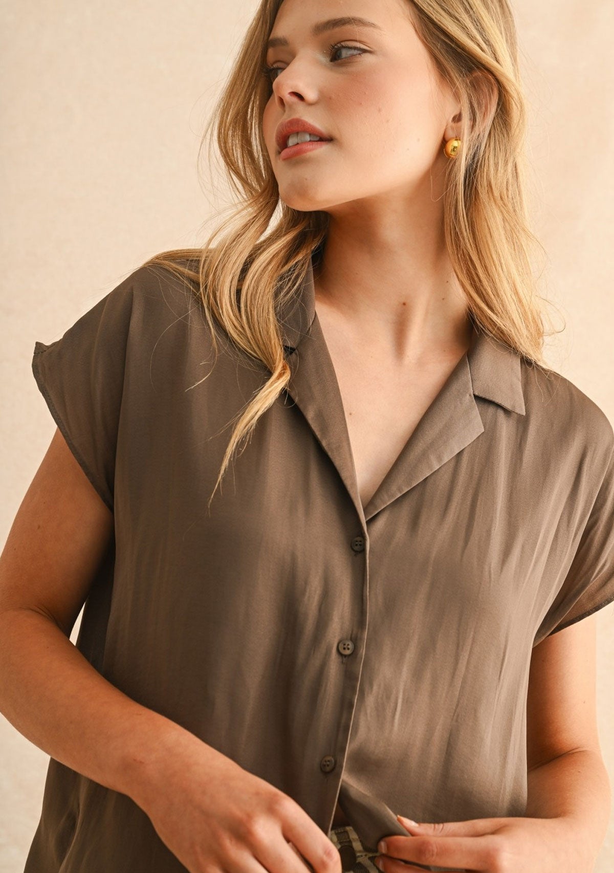 Button Down Cap Sleeve Shirt Coffee