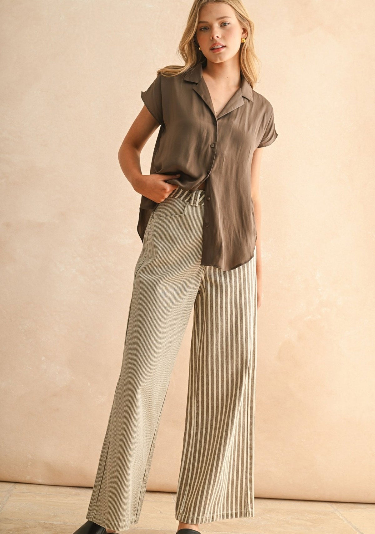 Button Down Cap Sleeve Shirt Coffee