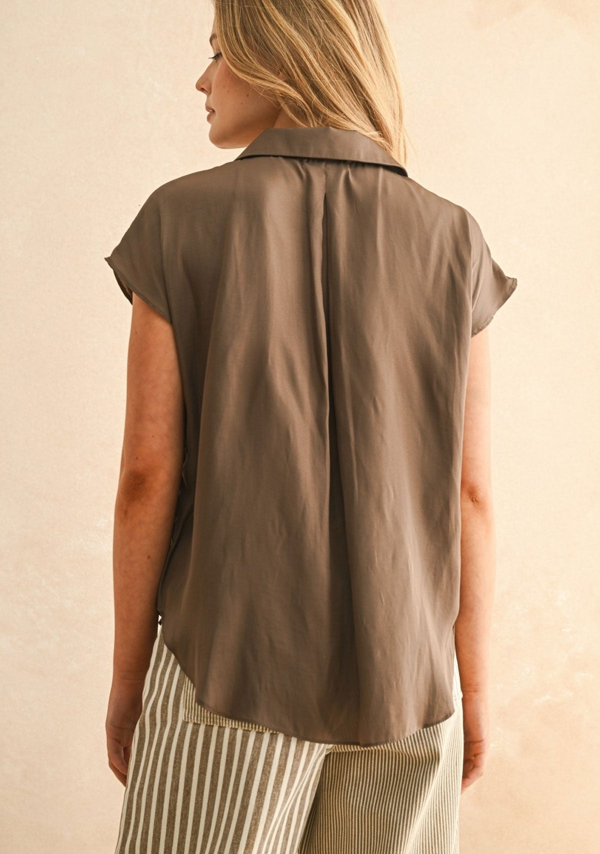 Button Down Cap Sleeve Shirt Coffee