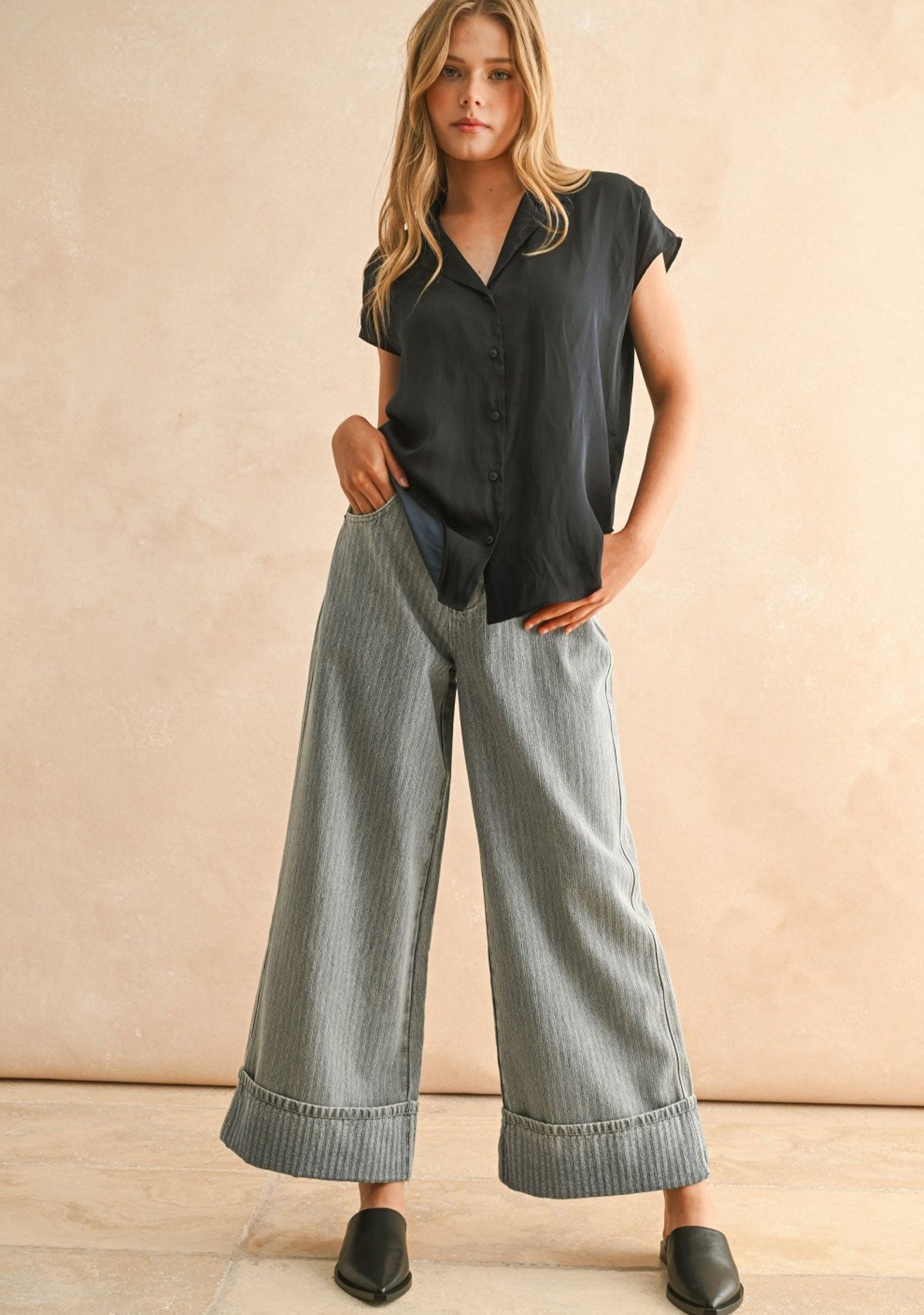 Button Down Cap Sleeve Shirt Deep Ocean Blue
