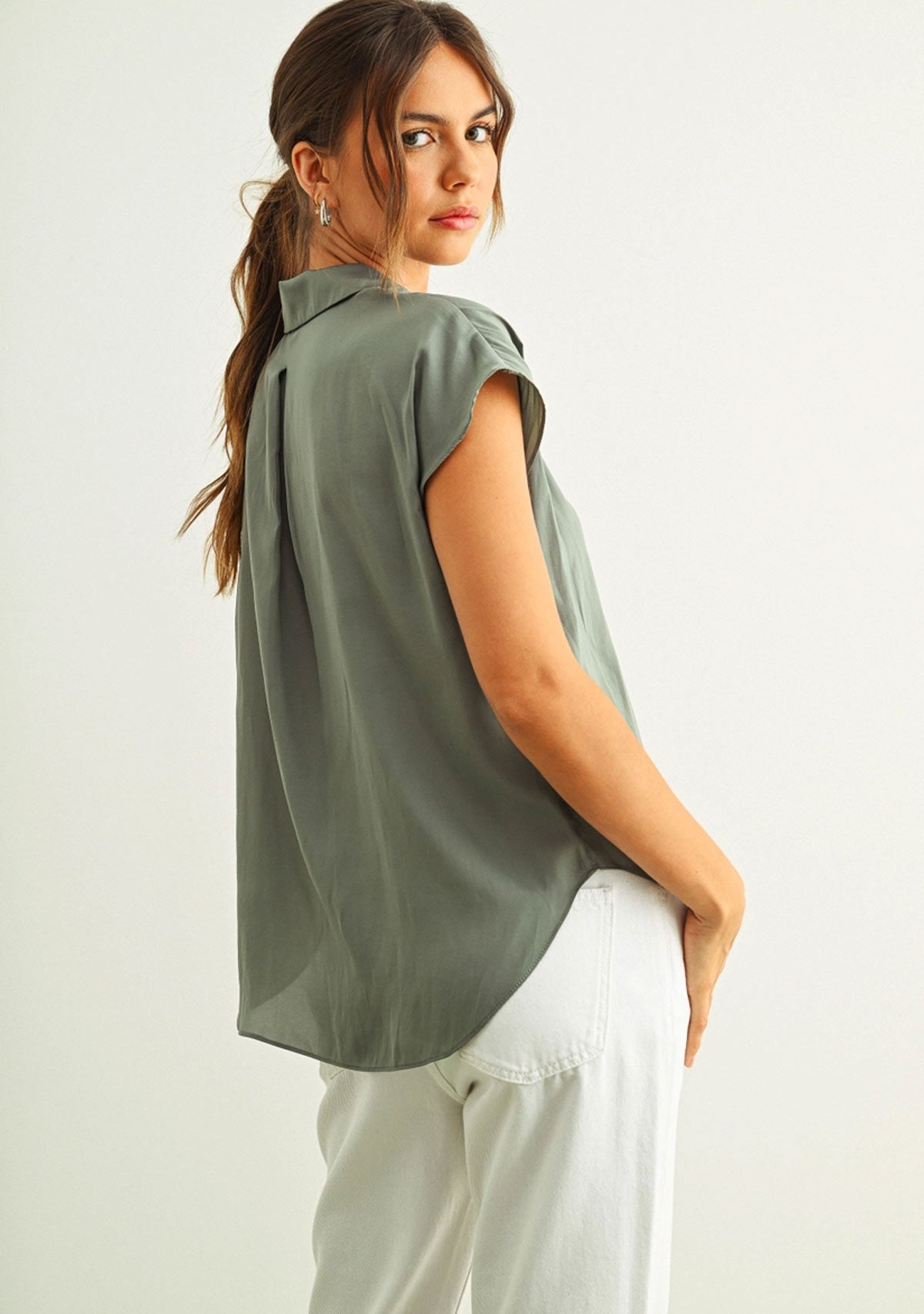 Button Down Cap Sleeve Shirt Jade