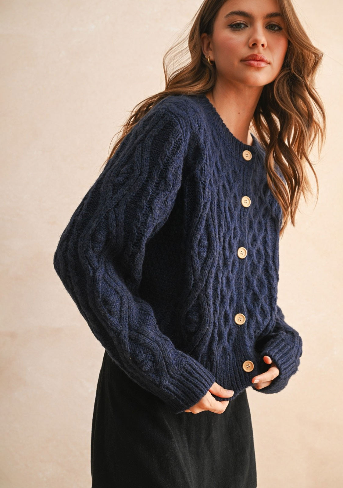Golden Button Knit Cardigan Navy