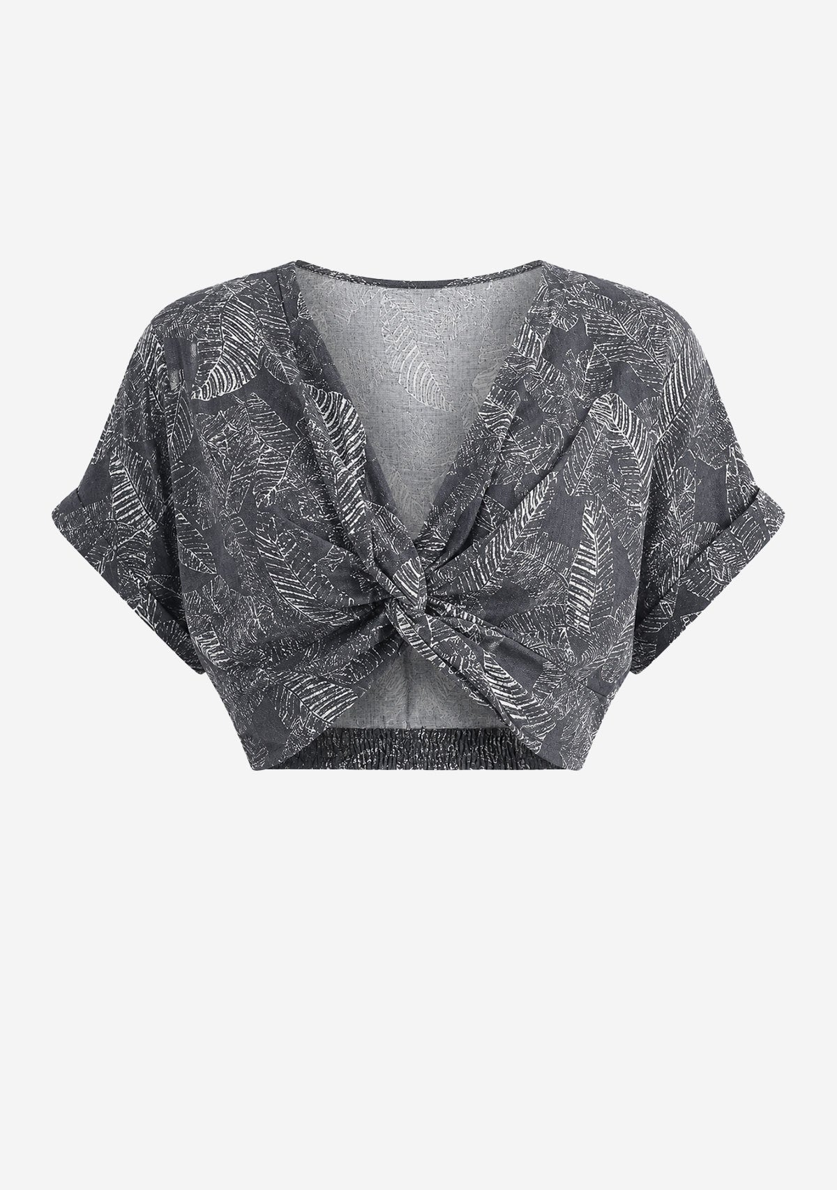 Leaf Print Faded Effect Twist Front Top Navy