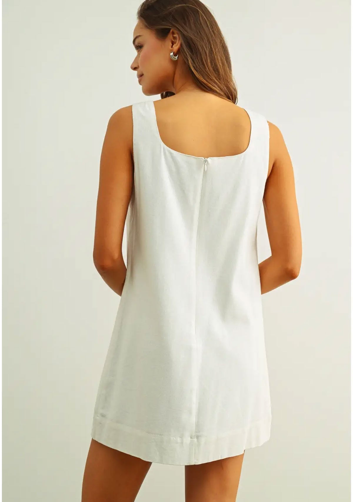 Square Neck S/l Linen Dress With Eyelet Pocket Off White