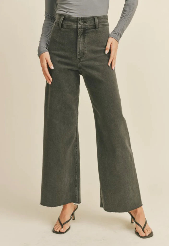 Wide Leg Denim Pants Fade Olive