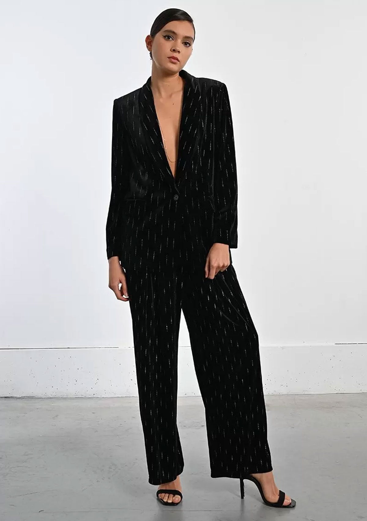 Embroidered Velvet Wide-Leg Pants Black Noir