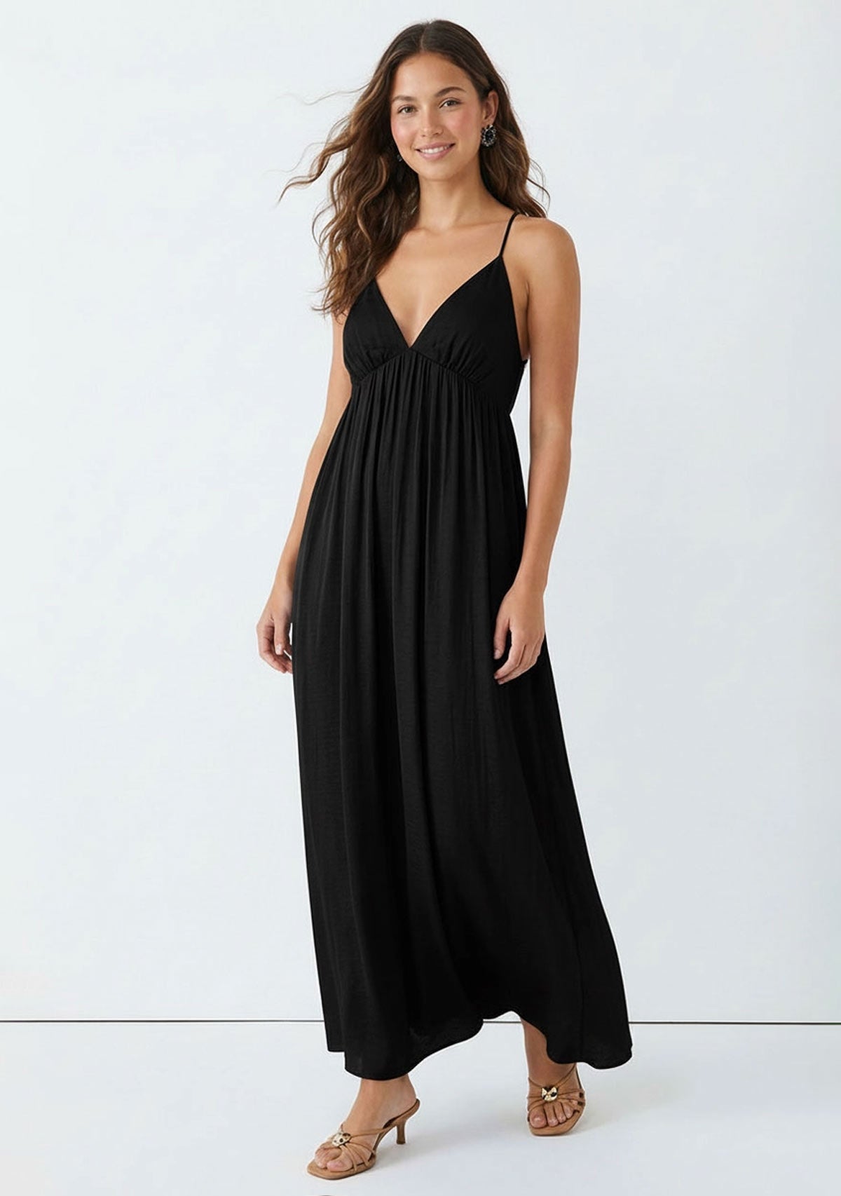 Open Back V Neck Maxi Dress Black