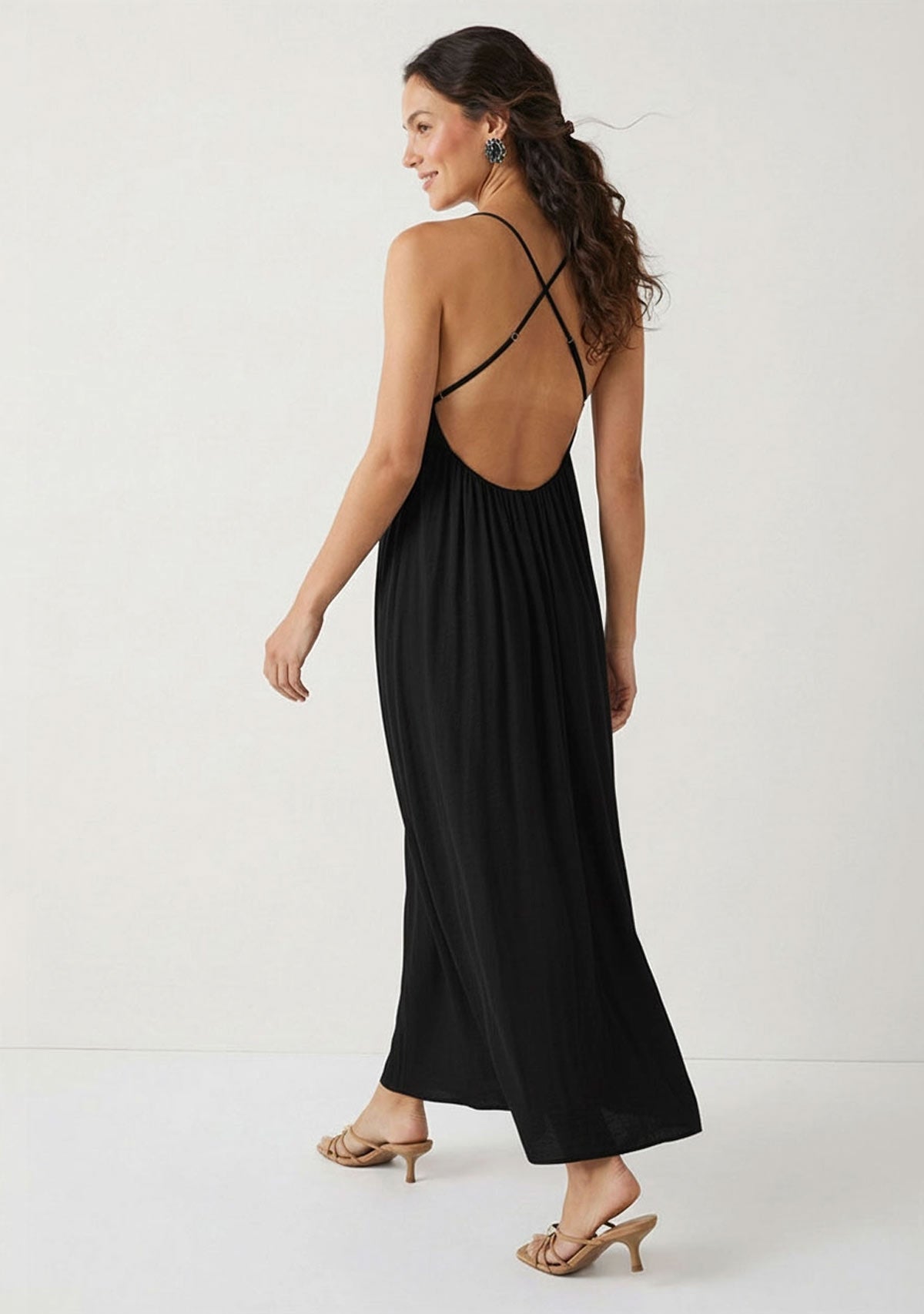 Open Back V Neck Maxi Dress Black
