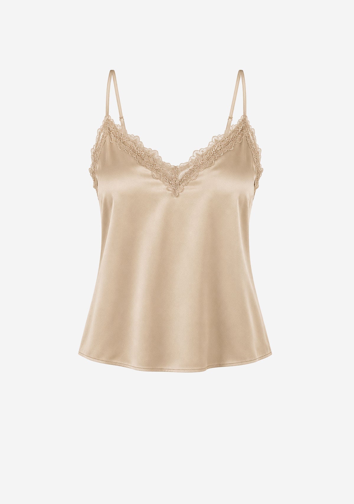 Satin V Neck Lace Trim Cami Beige | The Latest Scoop