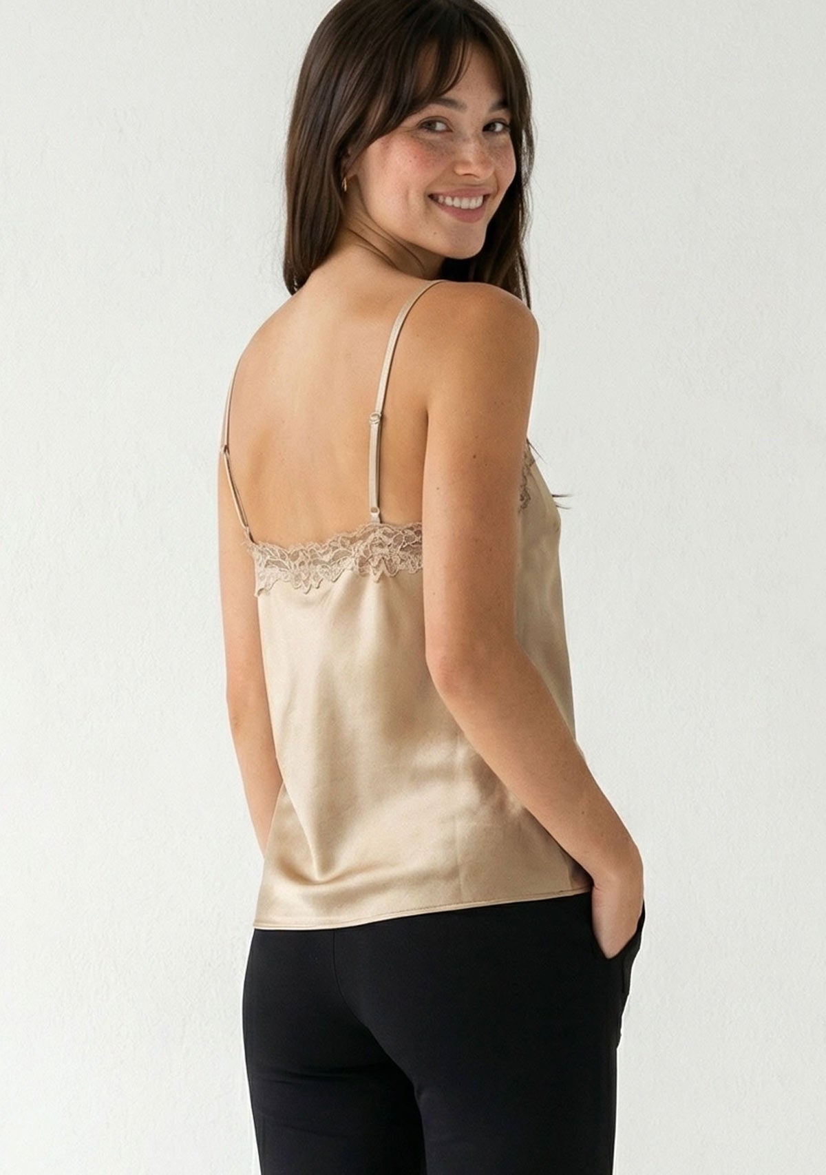 Classic Satin V-Neck Lace Trim Cami Beige