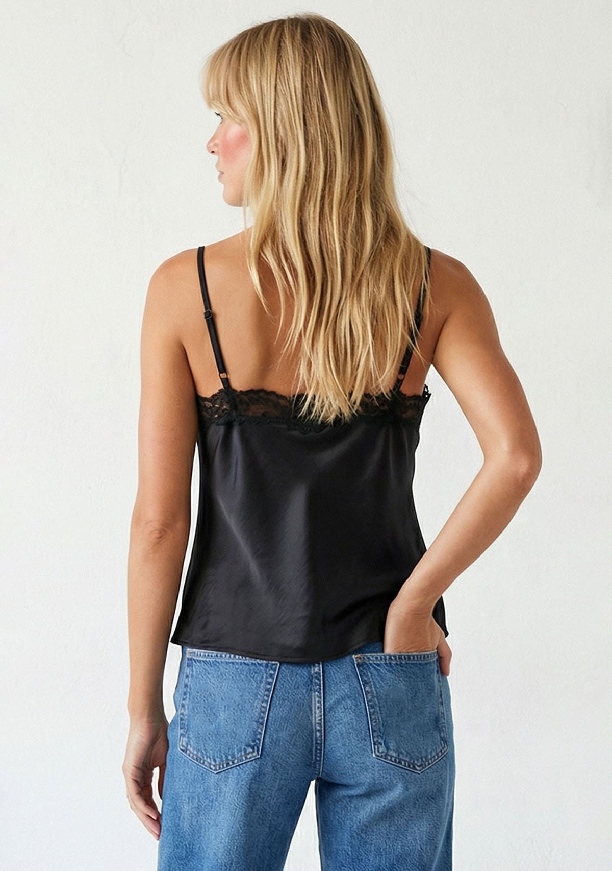 Classic Satin V-Neck Lace Trim Cami Black