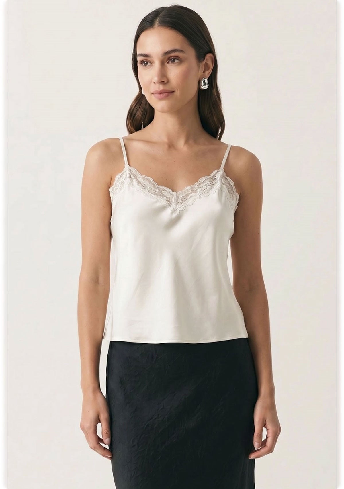 Classic Satin V-Neck Lace Trim Cami Off White