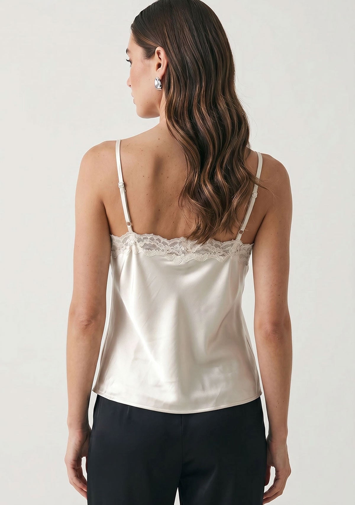 Classic Satin V-Neck Lace Trim Cami Off White