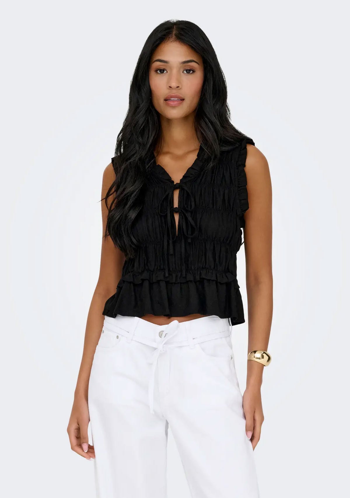 Onl goa Linen  Frill Top Black