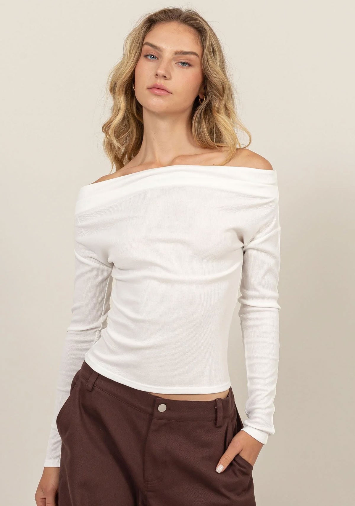 Off Shoulder Ribbed Knit Top