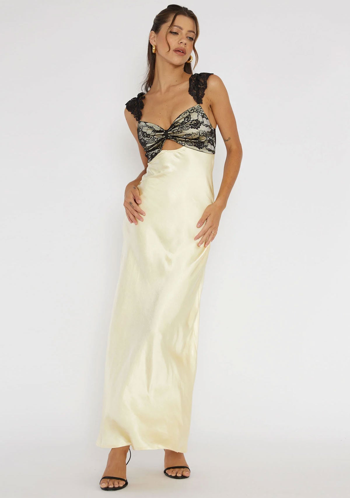 Lace Trim Front Cutout Maxi Dress Lemon