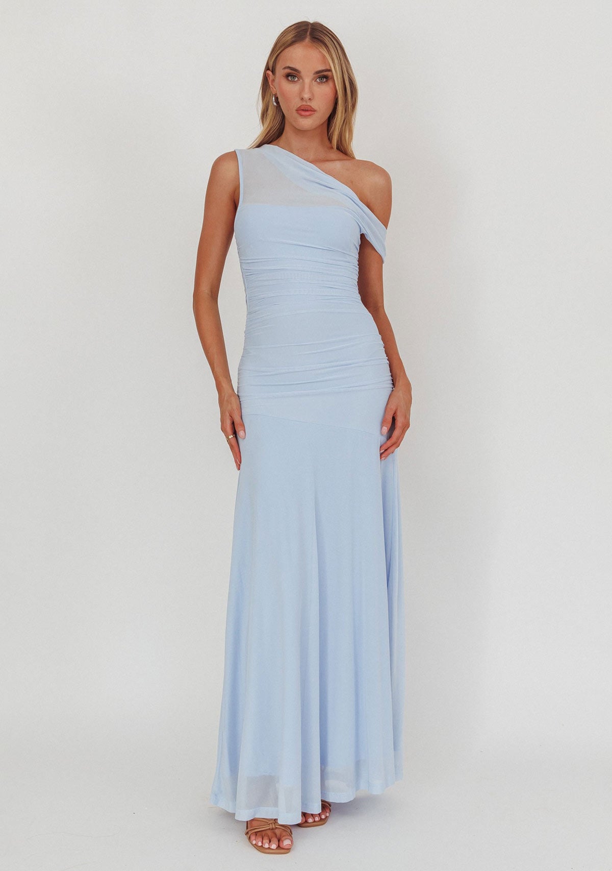 One Shoulder Sheer Maxi Dress Ice Blue