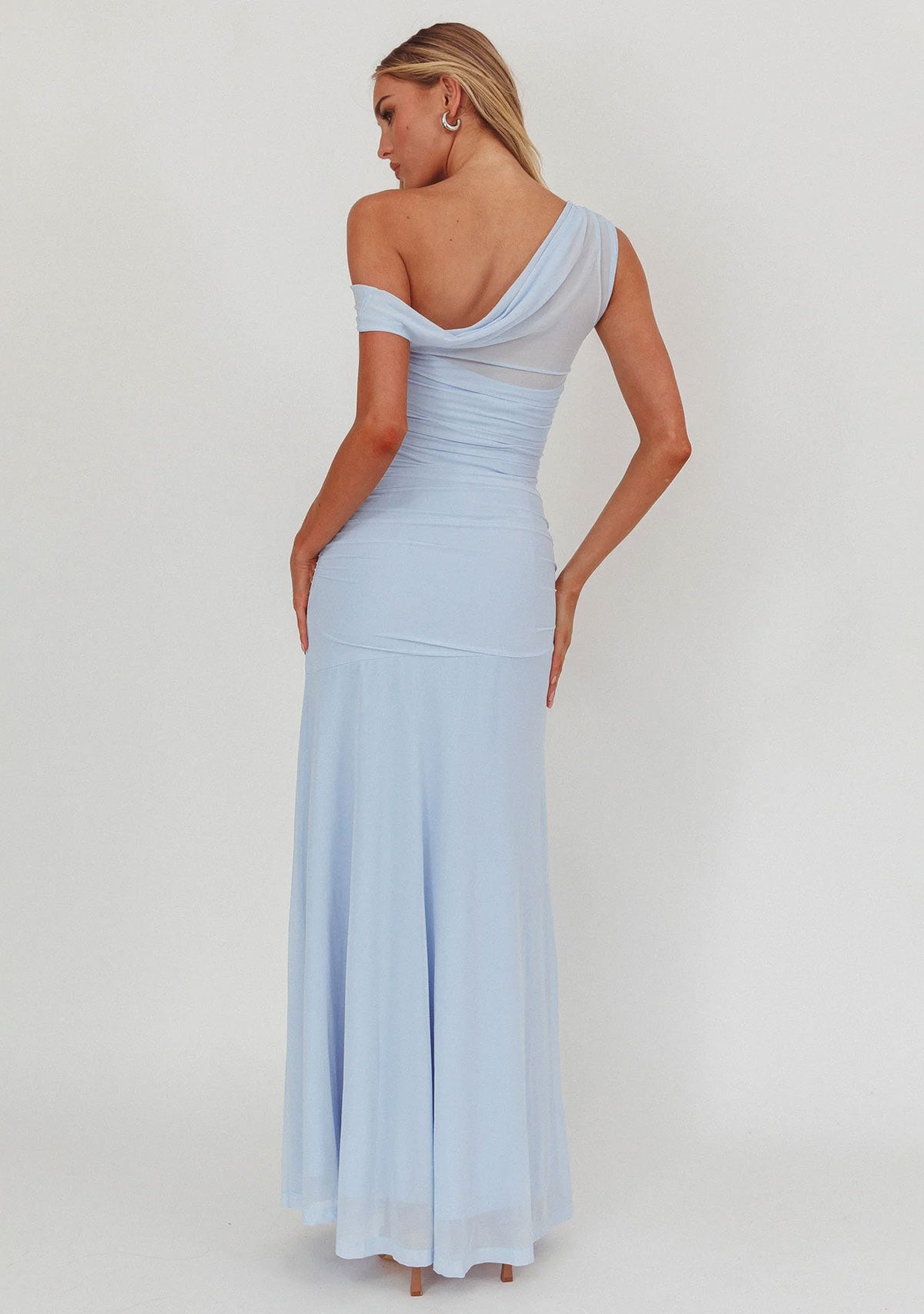One Shoulder Sheer Maxi Dress Ice Blue
