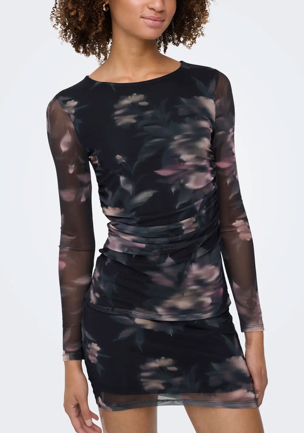 ONLkaya Life Ls Ruching Mesh Dress Wvn Twilight Mauve Diffused Floral