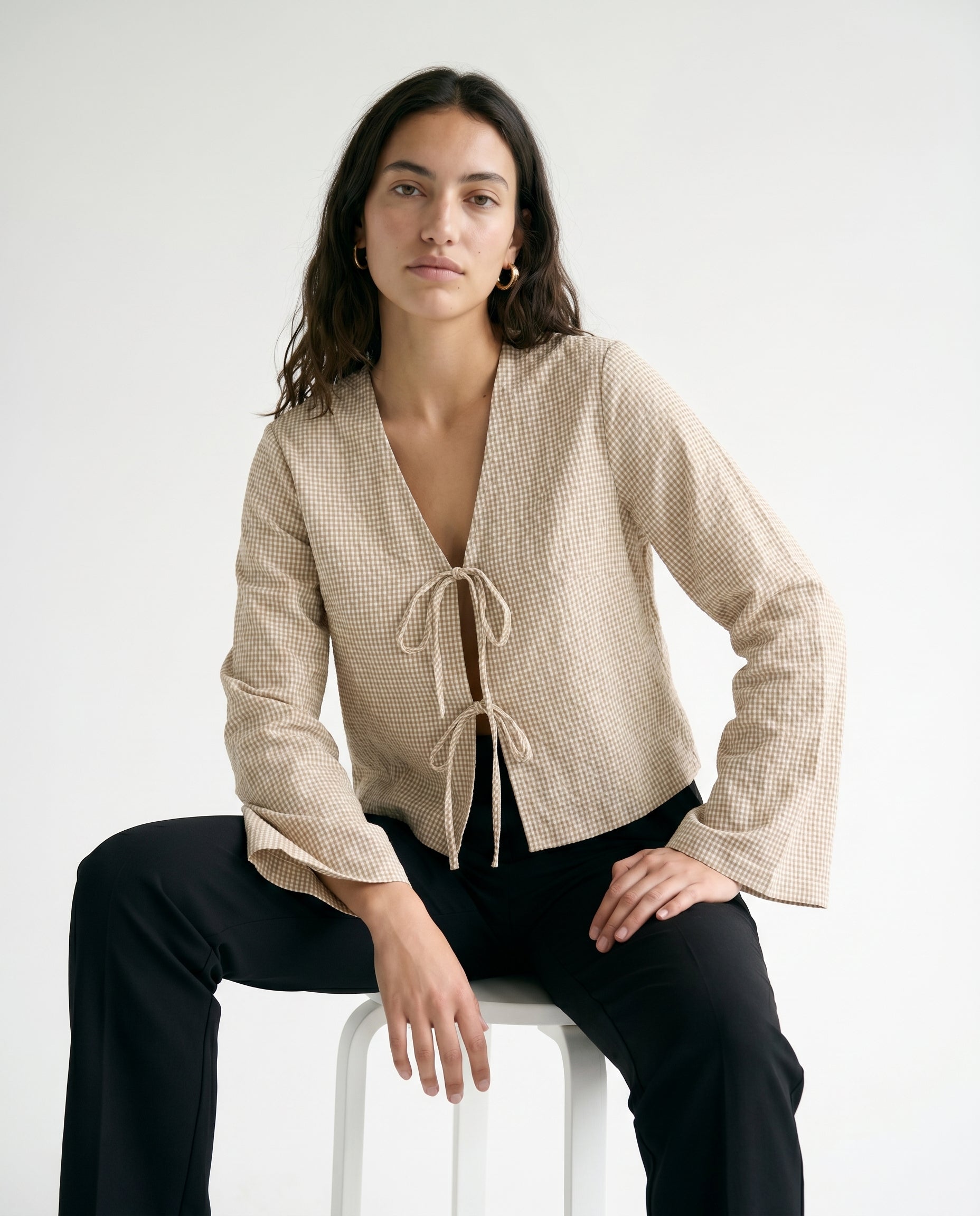 Jx zoe Seersucker  Tie Shirt Cornstalk White