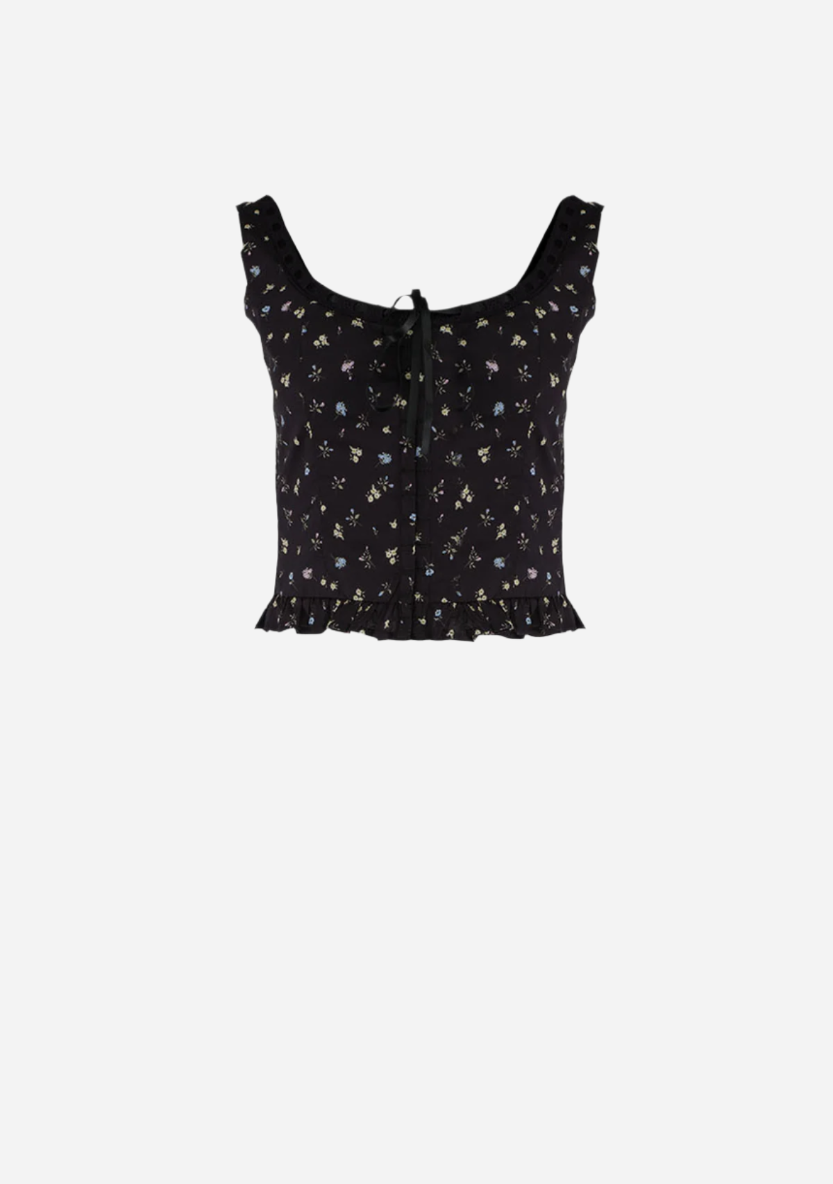 Floral Lace Trim Front Tie Top Black