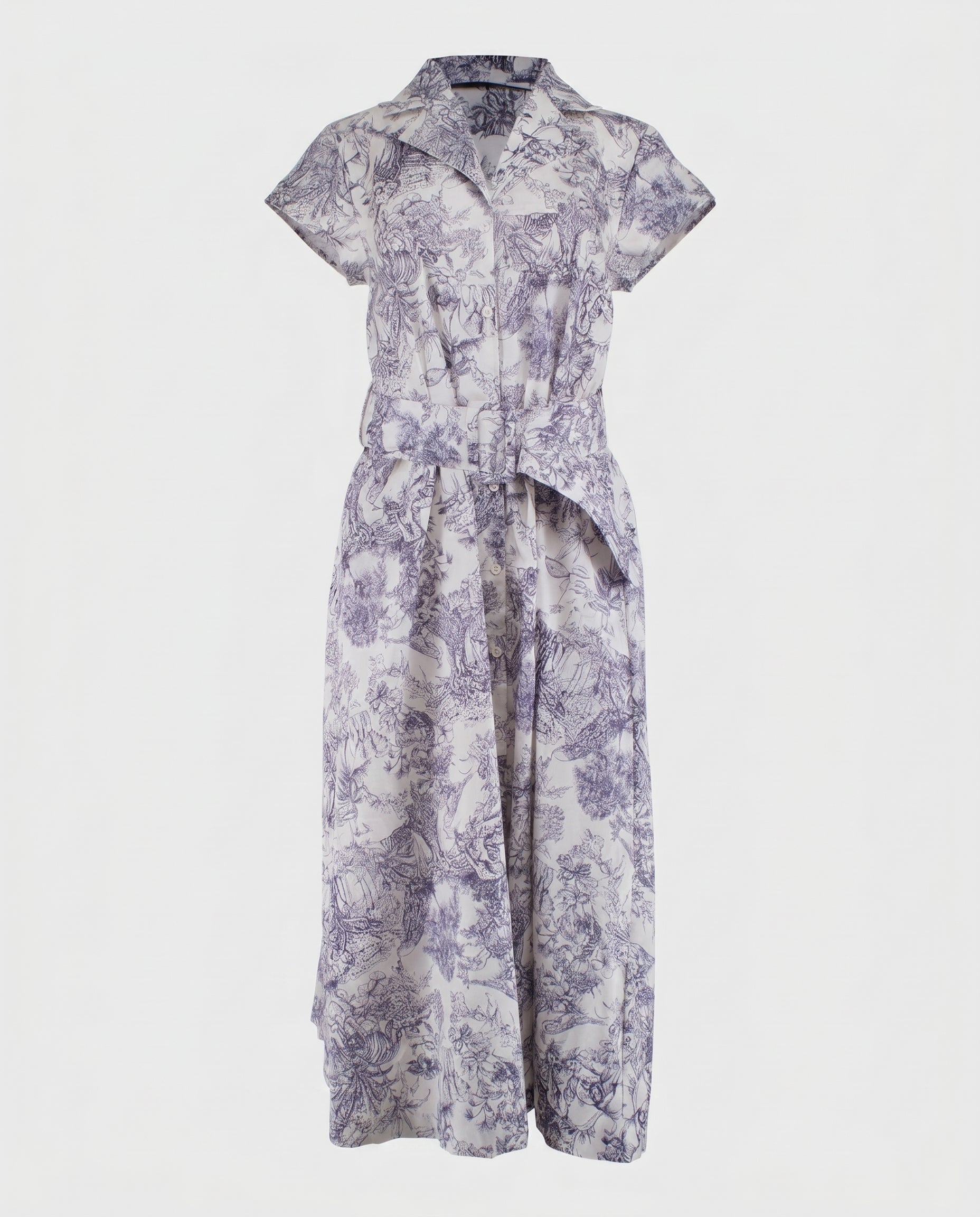 Robe midi boutonnée à manches courtes et ceinture ivoire/marine