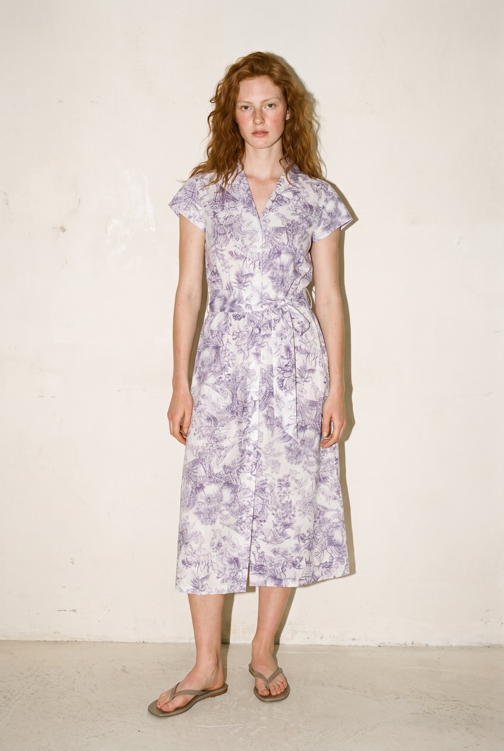 Short Sleeve Button Down Belted Midi Dress Ivory/Navy