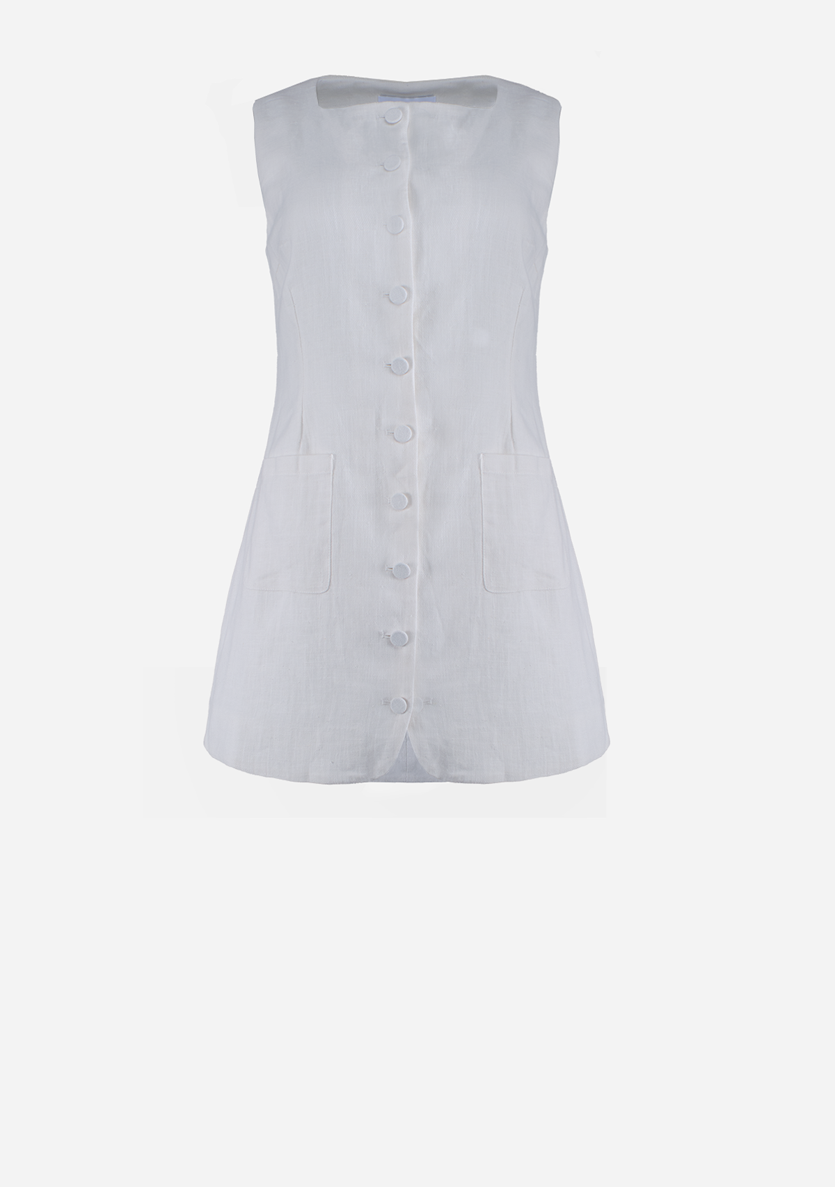 Square Neck Button Down Linen Mini Dress Off White