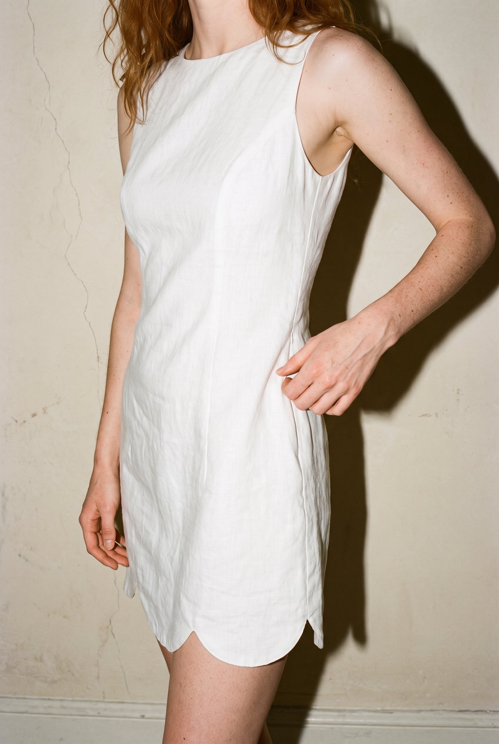 Linen Scallop Hem Mini Dress Off White
