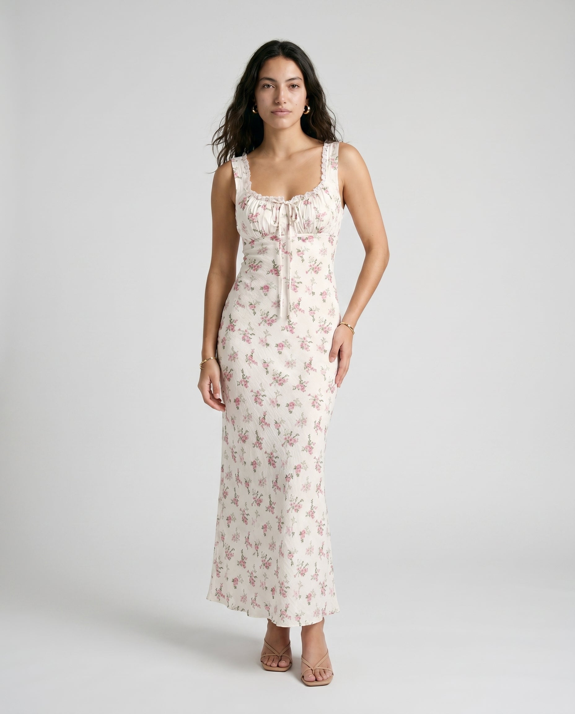 Willow Floral Maxi Open Back Lace Detail Tie Back Dress Off White