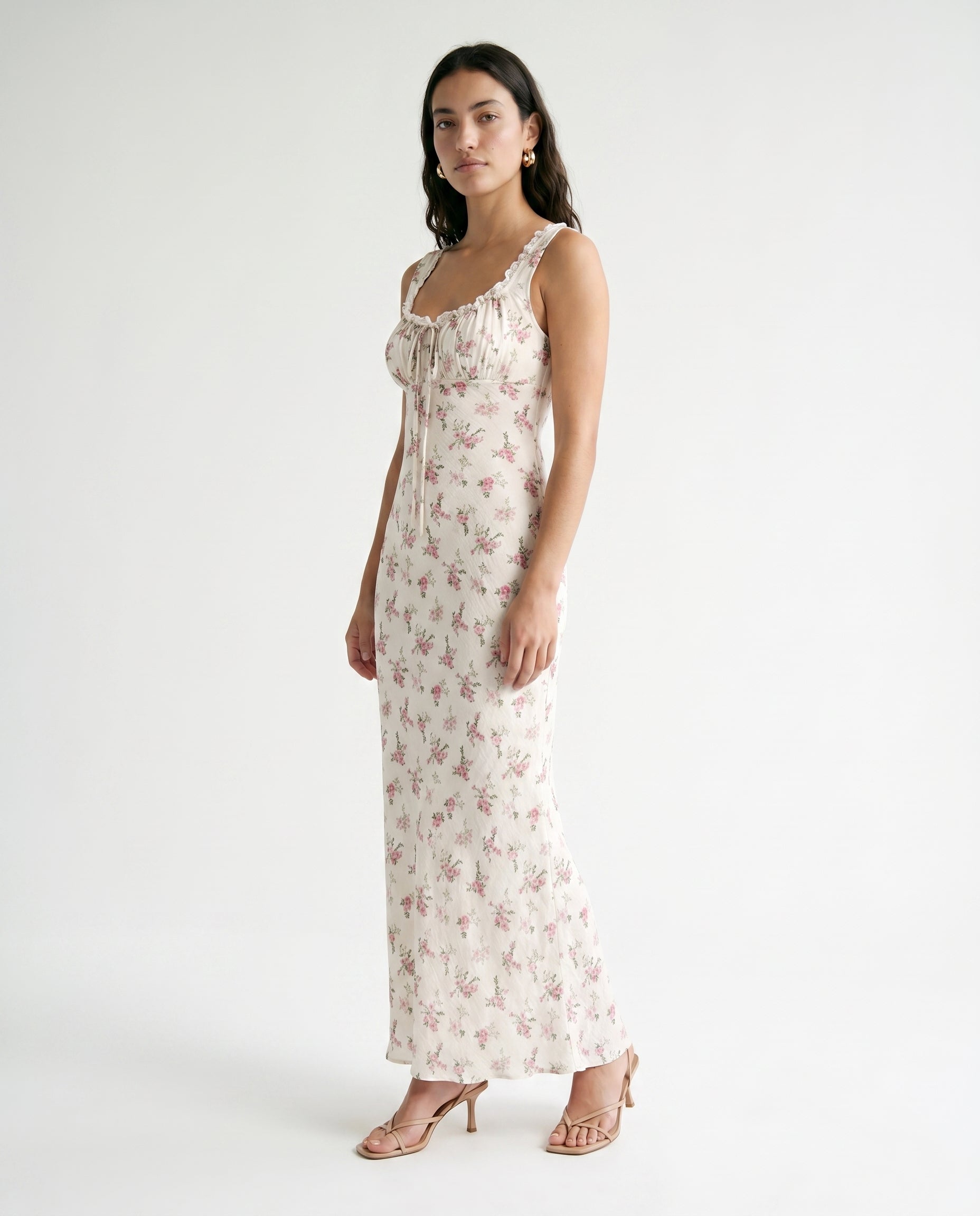 Willow Floral Maxi Open Back Lace Detail Tie Back Dress Off White