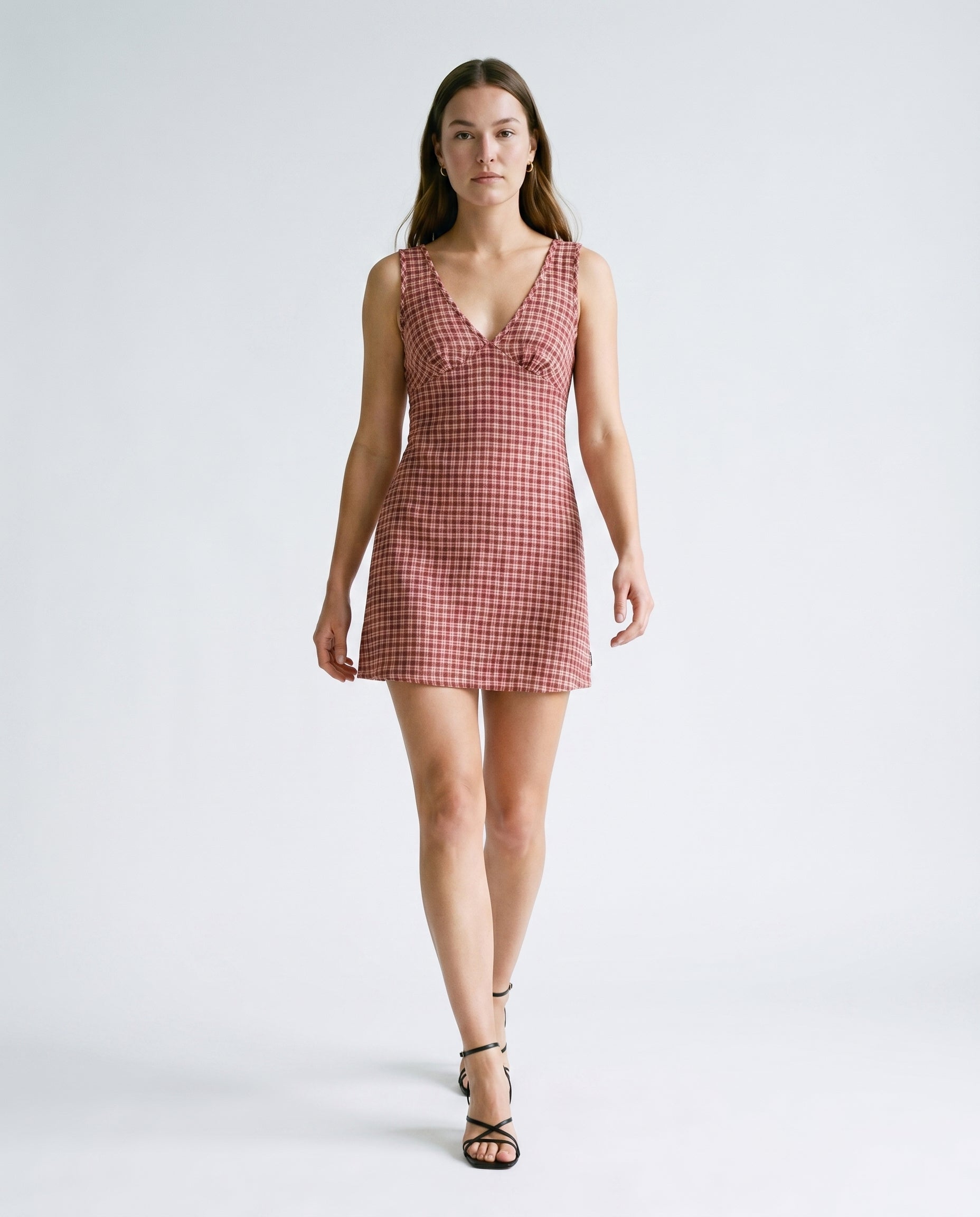 Capricorn - Hemp Seersucker Mini Dress Burgundy / Beige Check