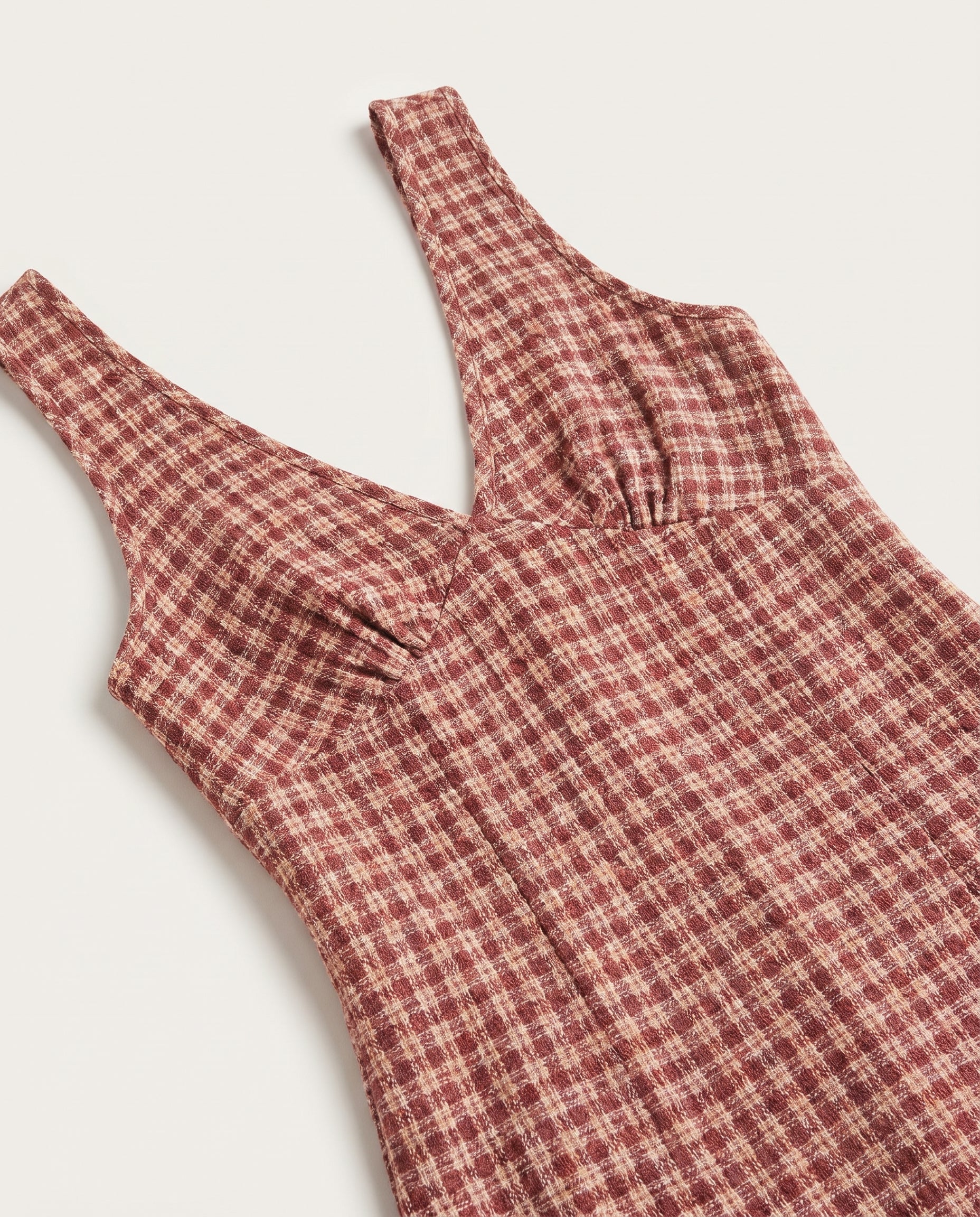 Capricorne - Robe courte en seersucker de chanvre à carreaux bordeaux/beige