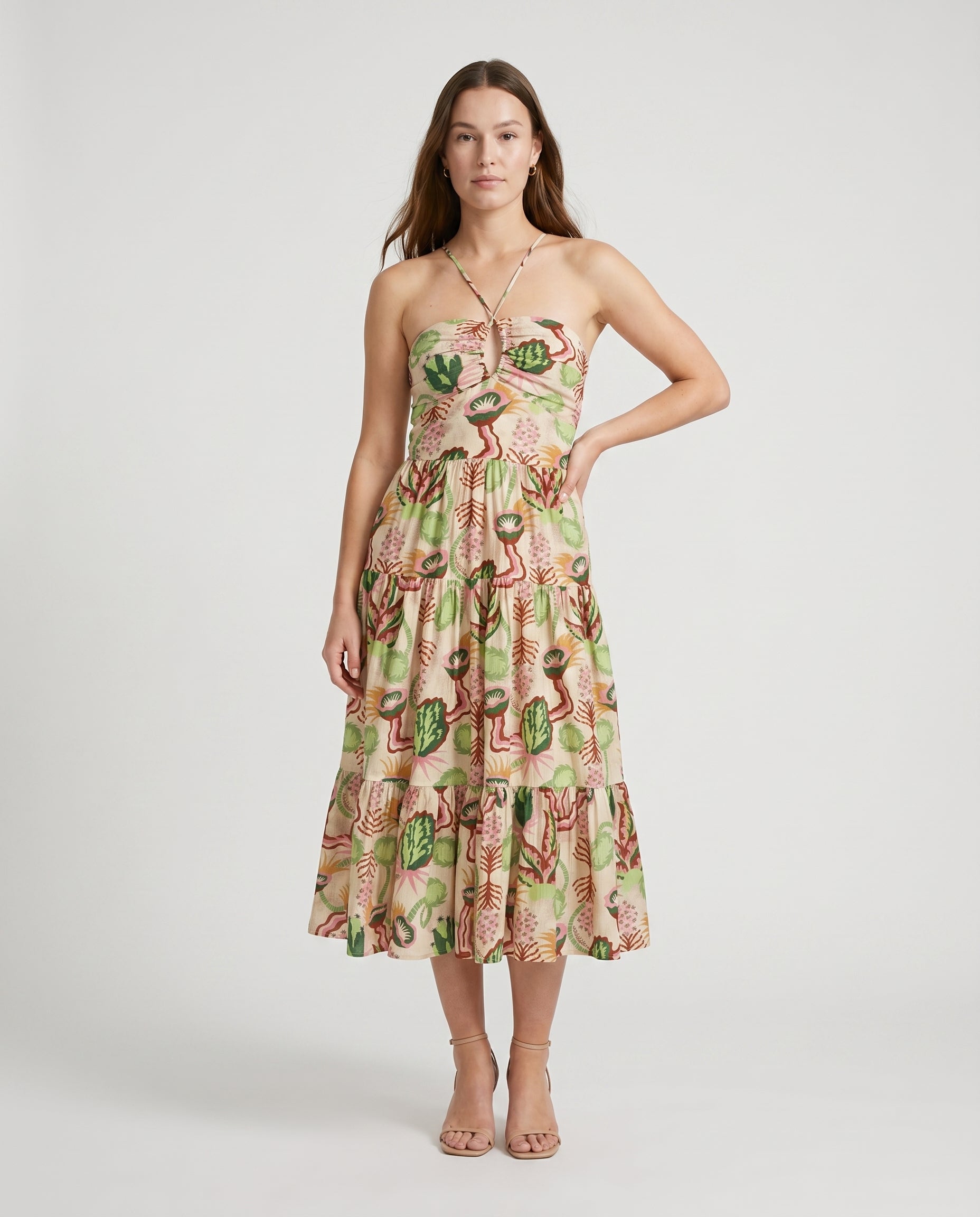 Cotton Seersucker Keyhole Halter Dress Desert Floral Canyon Clay