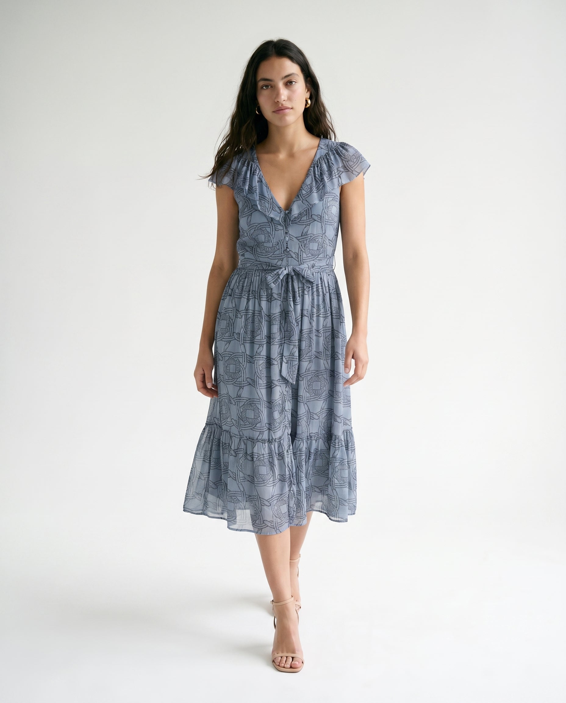 Robe midi de jour en mousseline imprimée, motif fer à cheval infini