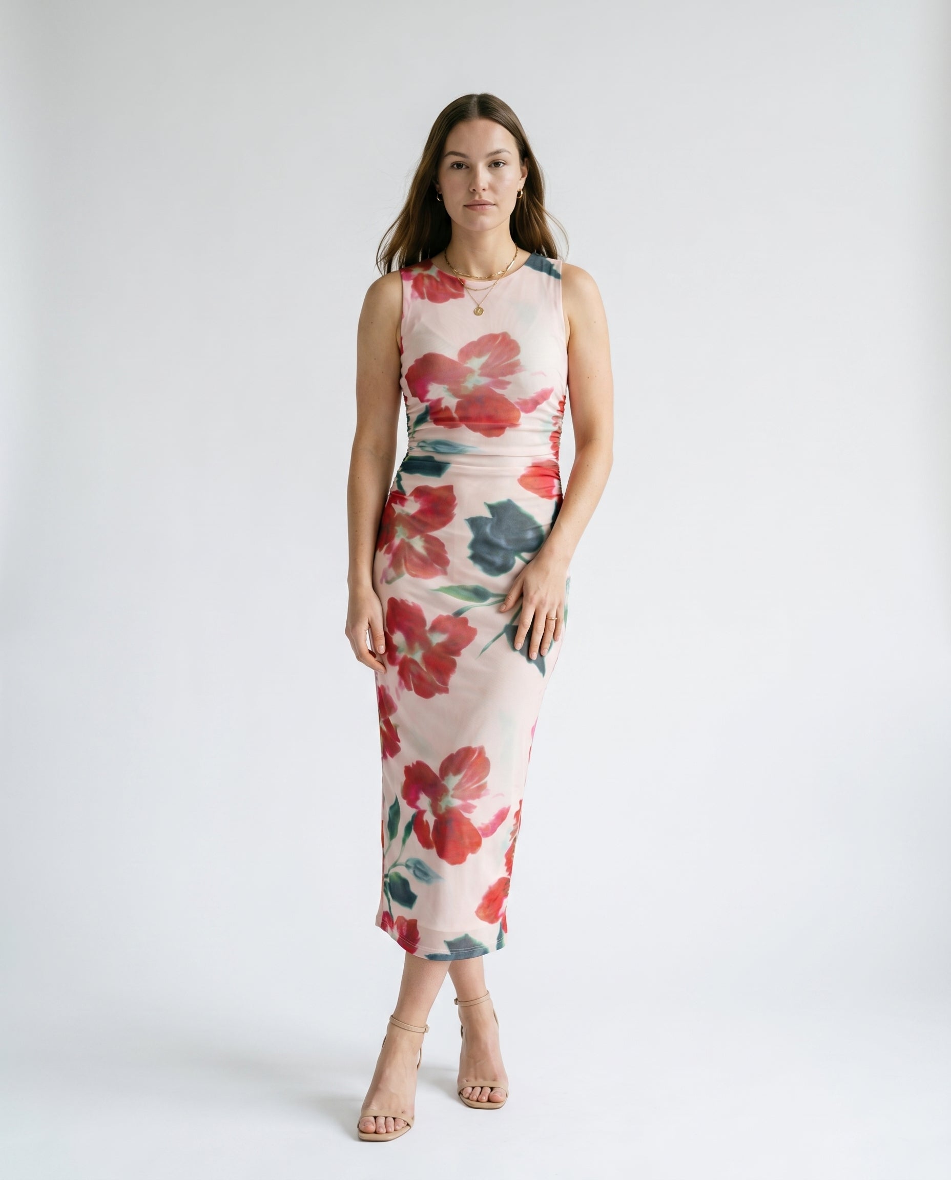 Arabella Mesh Midi Dress Red Floral
