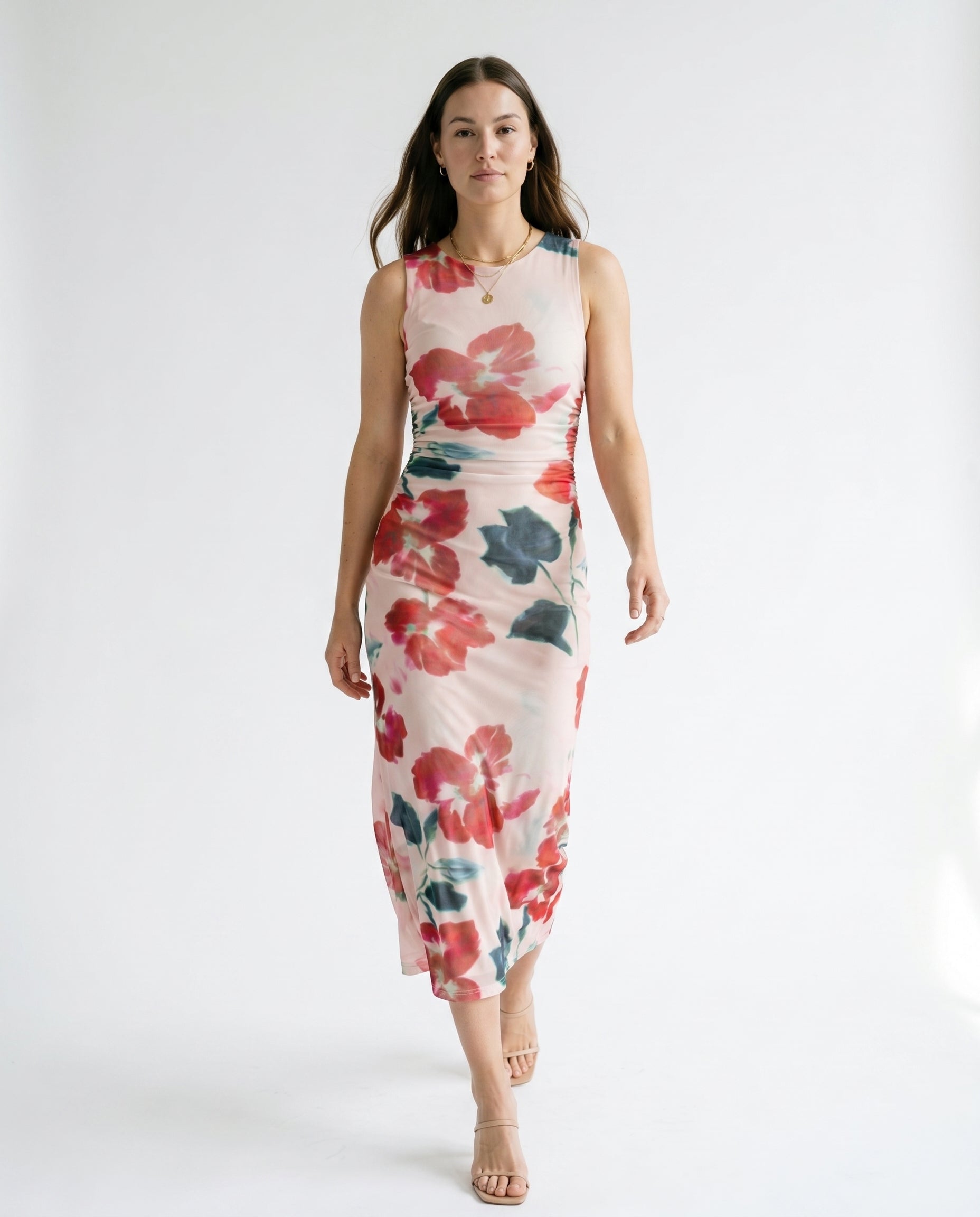 Arabella Mesh Midi Dress Red Floral