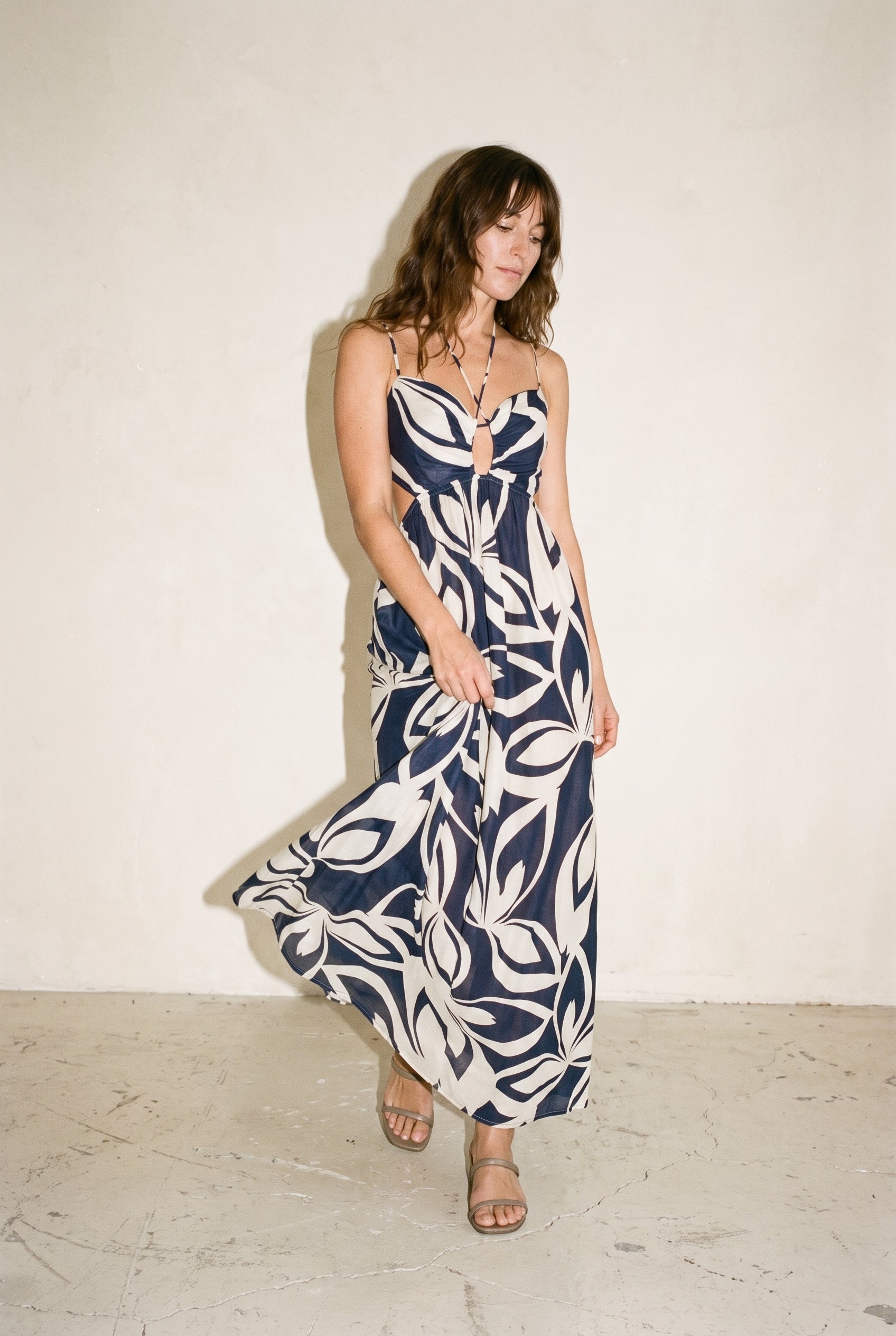 One Side Metal Triming Halter Dress