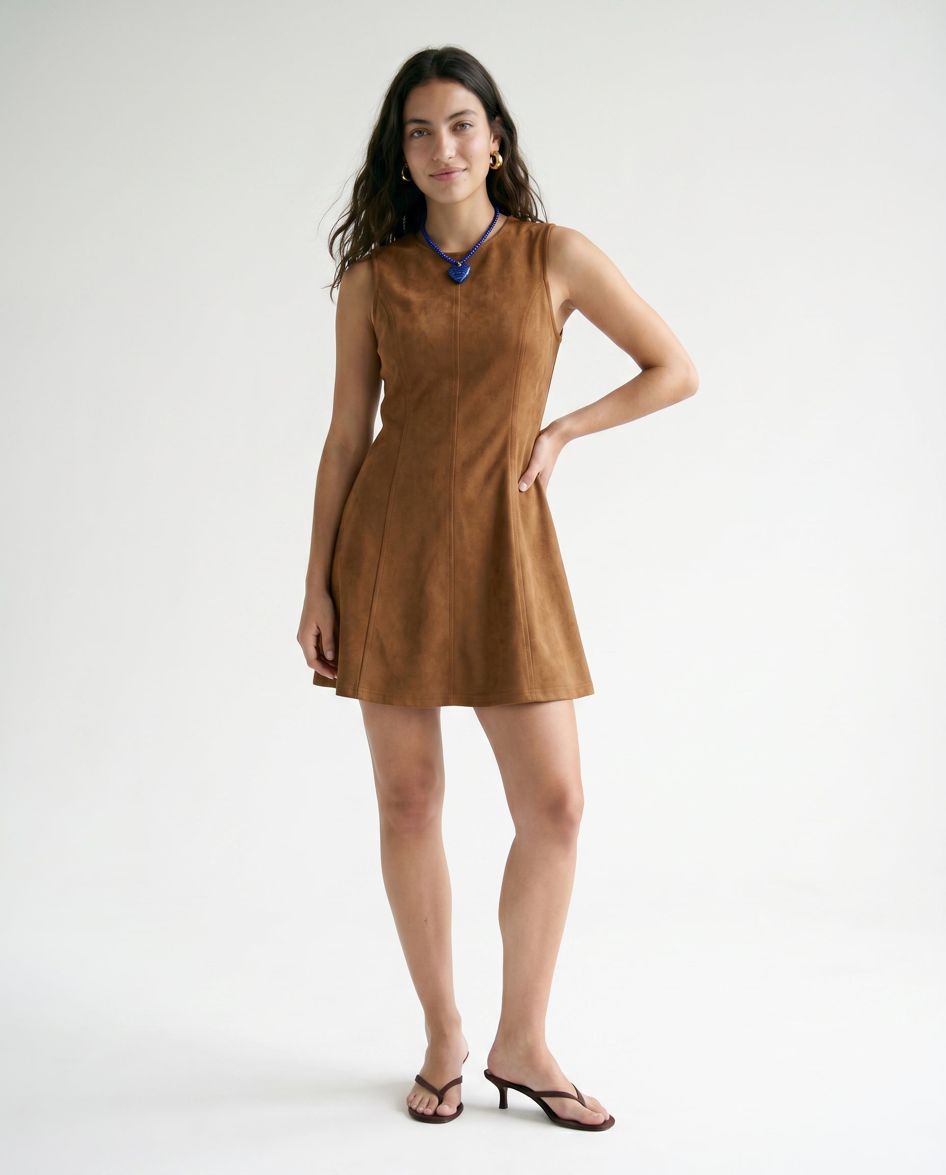 Suede Denim Backless a Line Mini Dress