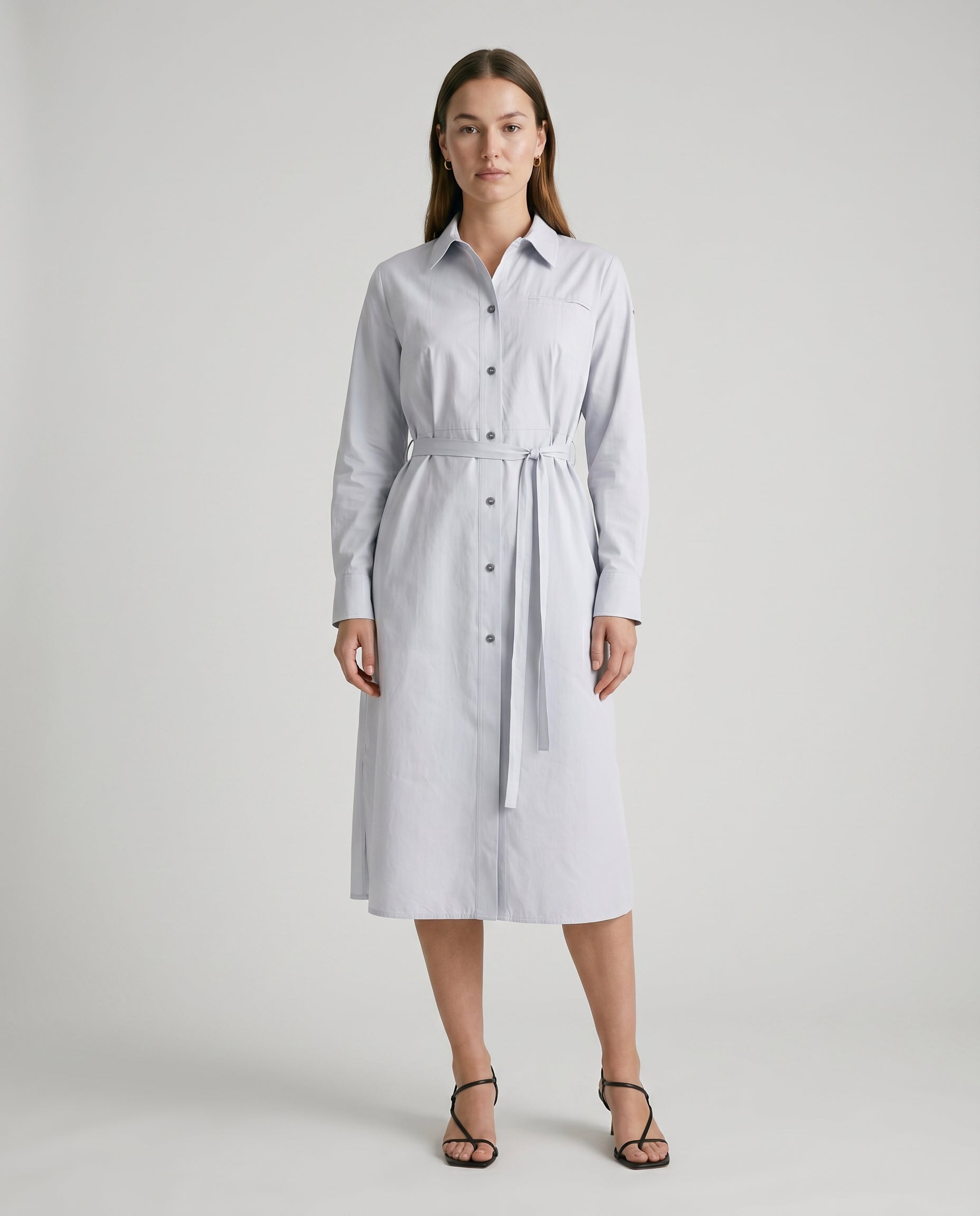 Belted Shirt Midi Dress Gray