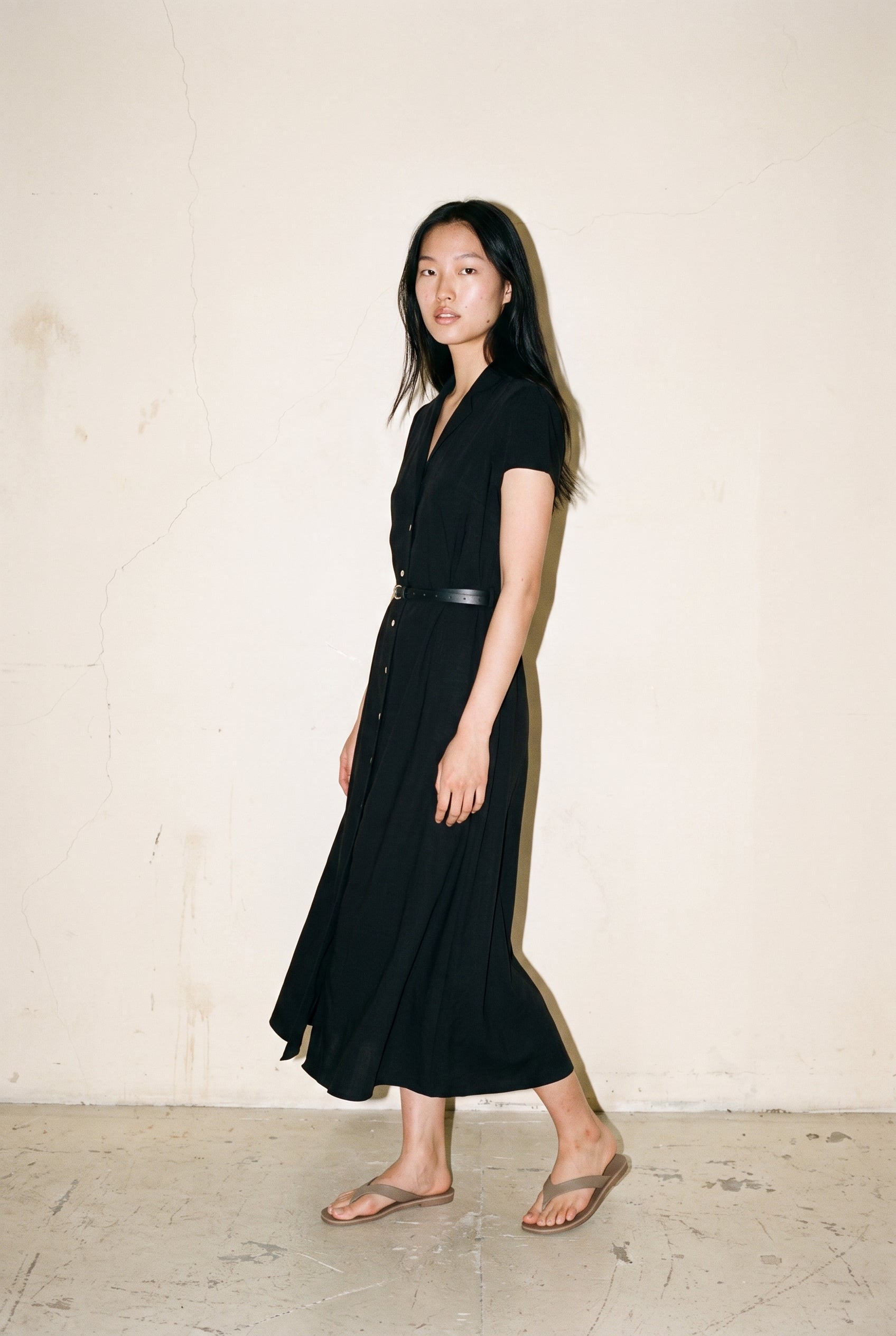Short Sleeve Button Front Belted Dress Black