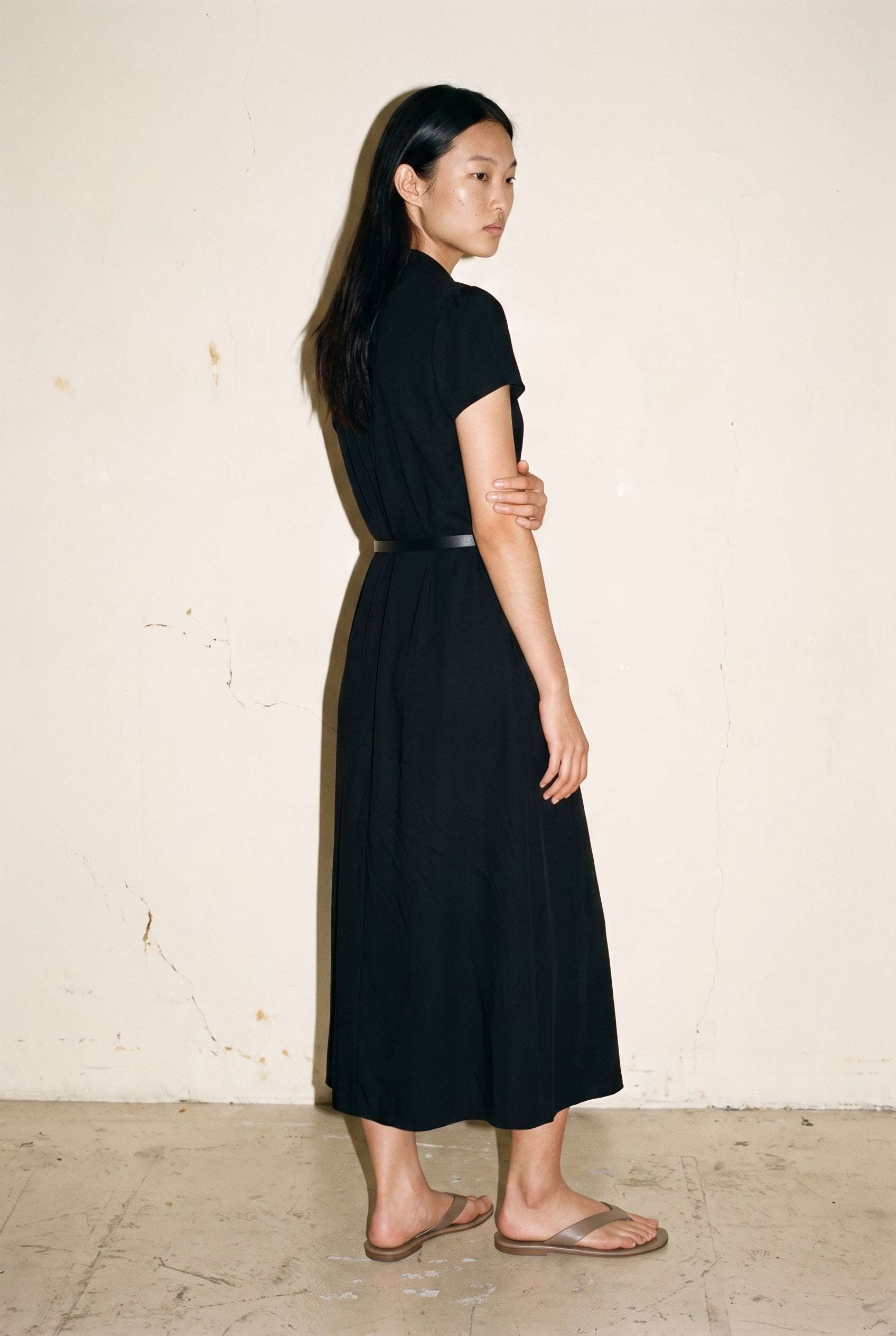 Short Sleeve Button Front Belted Dress Black