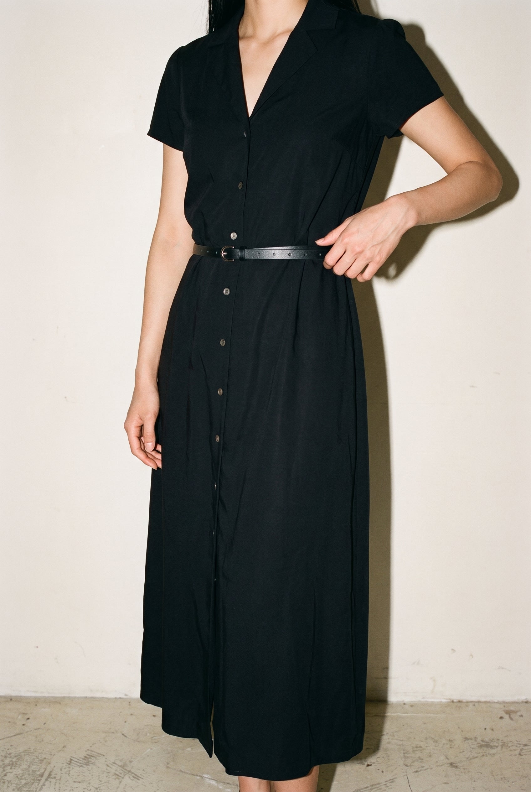 Short Sleeve Button Front Belted Dress Black
