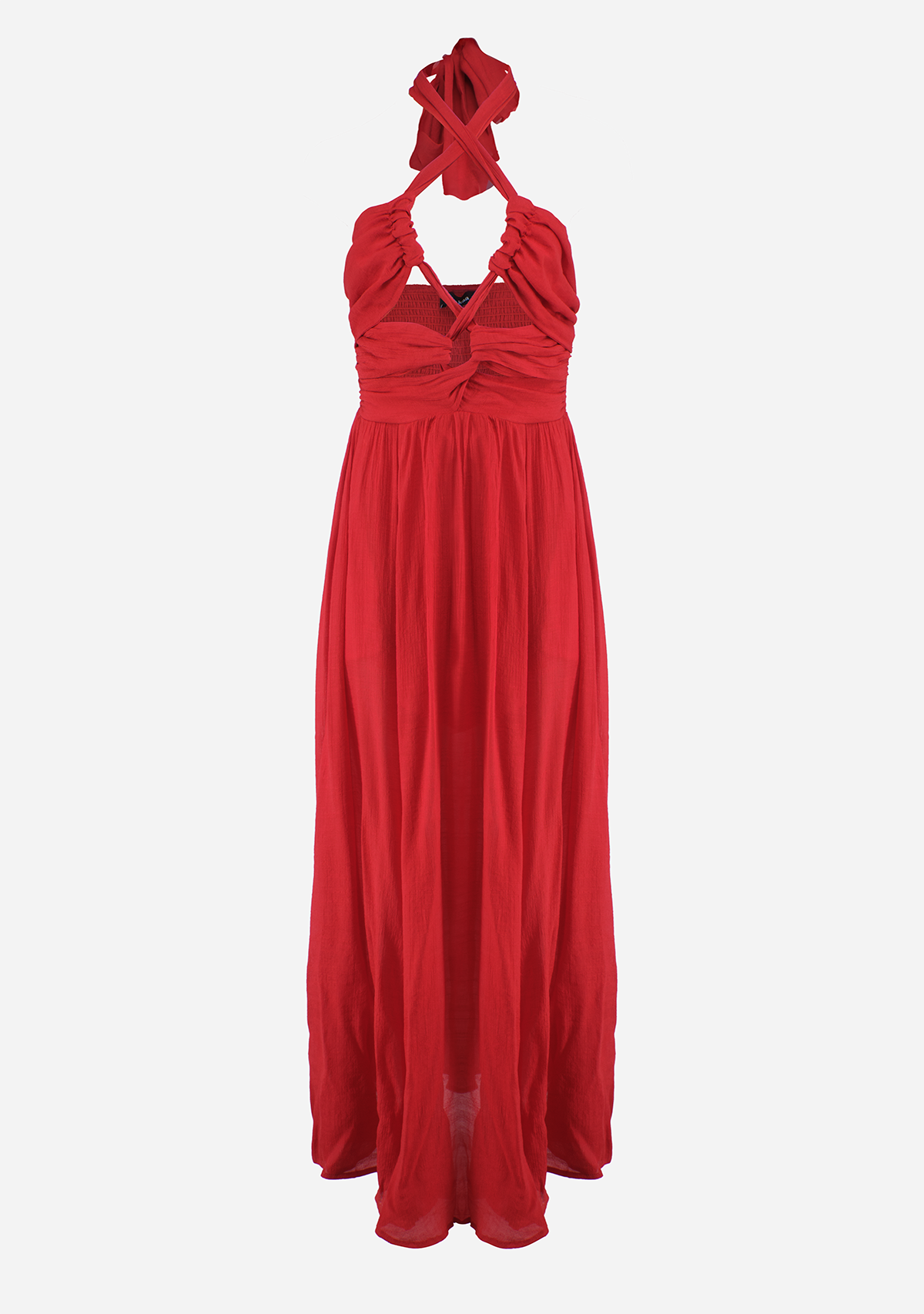 Halter Cut-Out Front Chest Smocked Maxi Dress Flame Red
