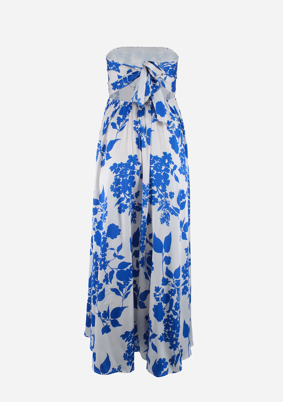 Halter Tie Back Chest Elastic Back Waisted Midi Dress White/ Lt Blue