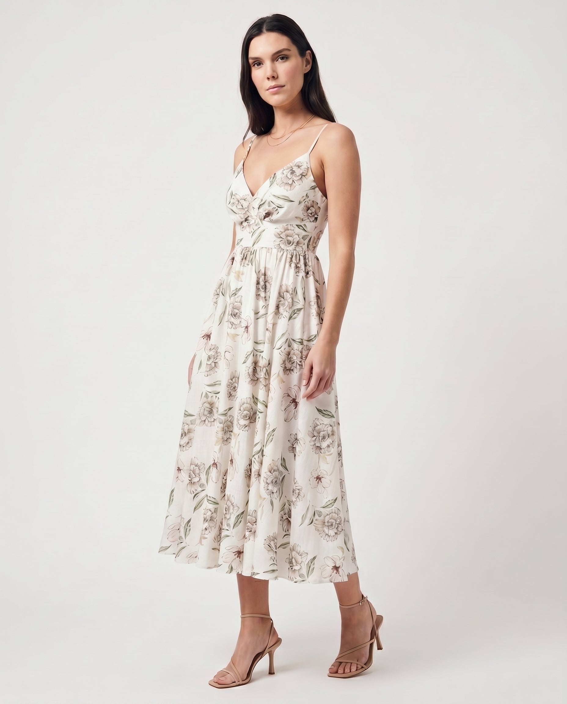 Thin Adjustable Strap Elastic Back Waisted Midi Dress Ivory/Green
