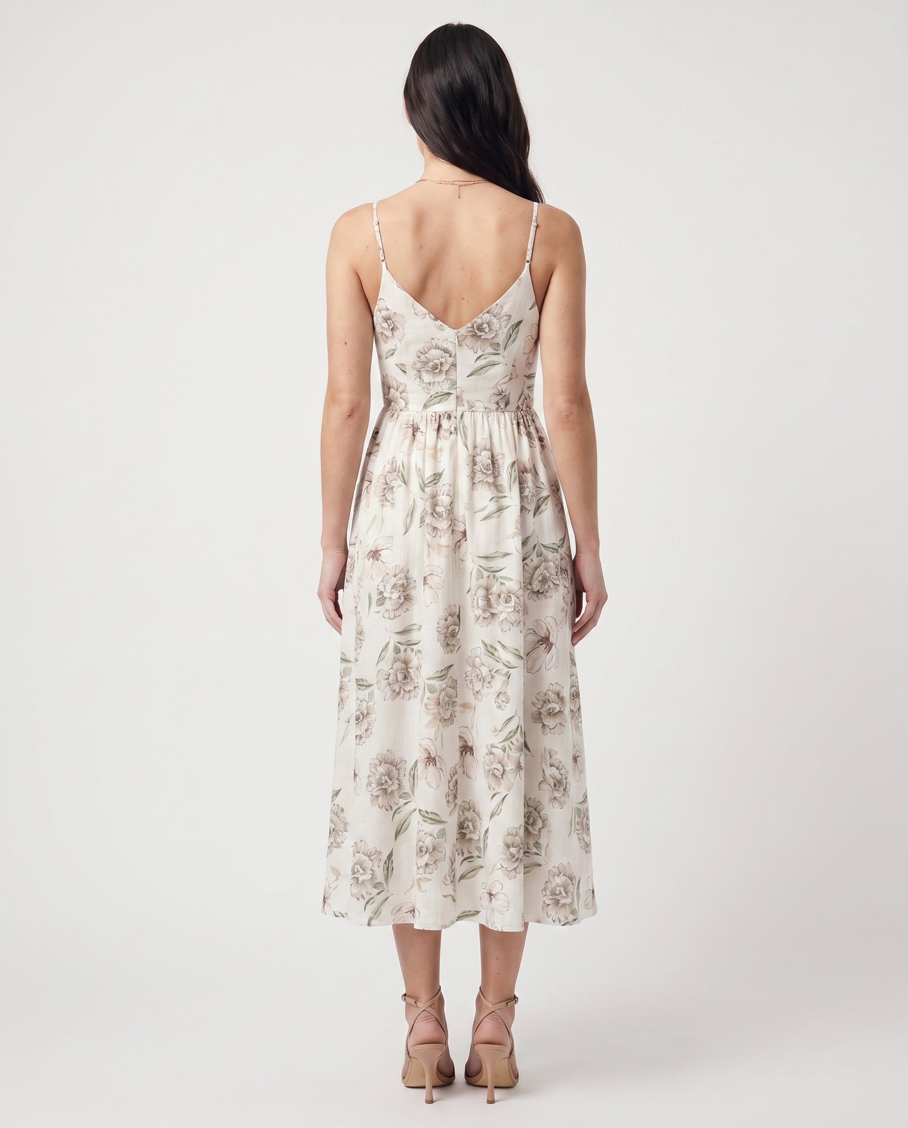 Thin Adjustable Strap Elastic Back Waisted Midi Dress Ivory/Green