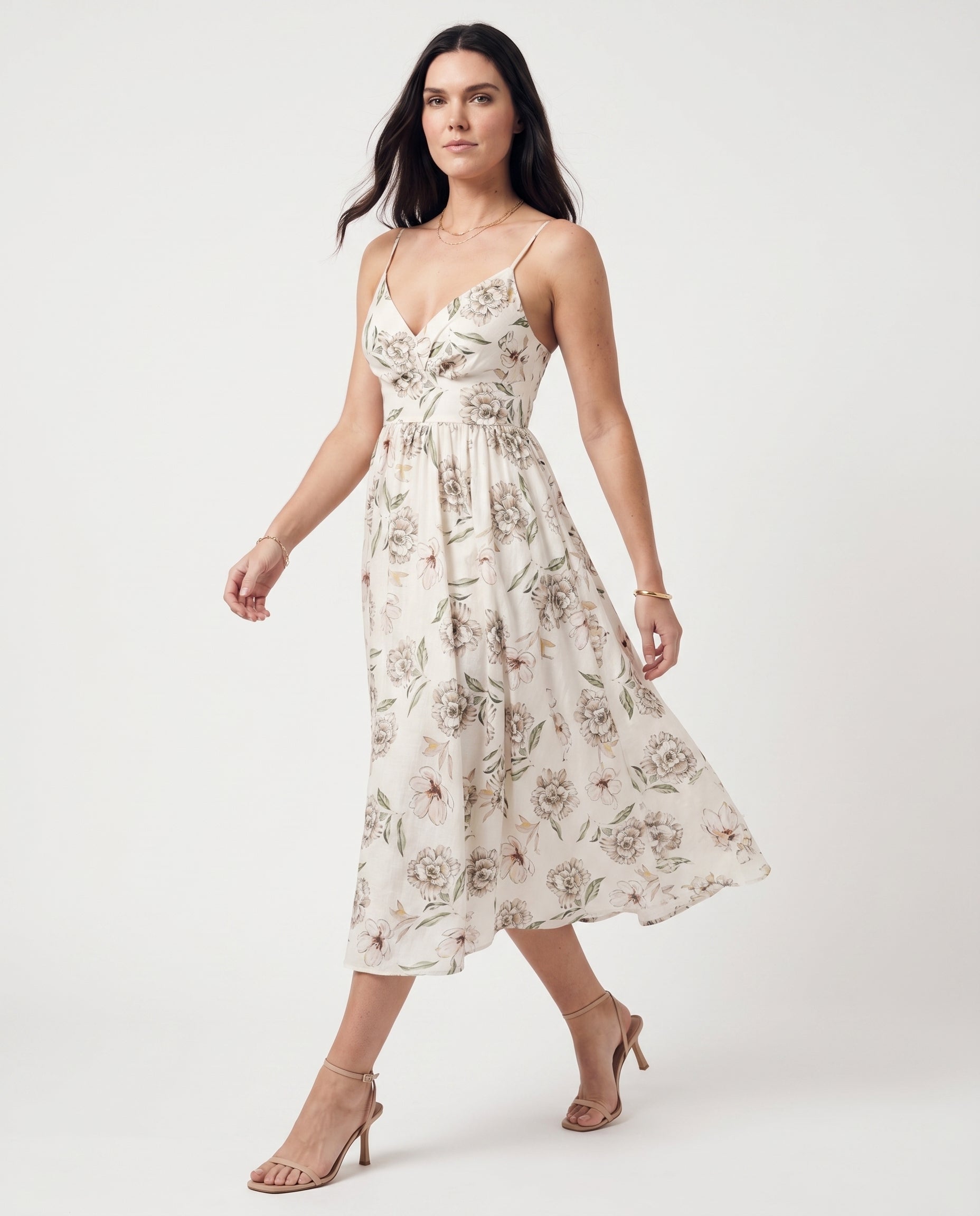 Robe midi ivoire/verte à fines bretelles ajustables et taille élastiquée au dos