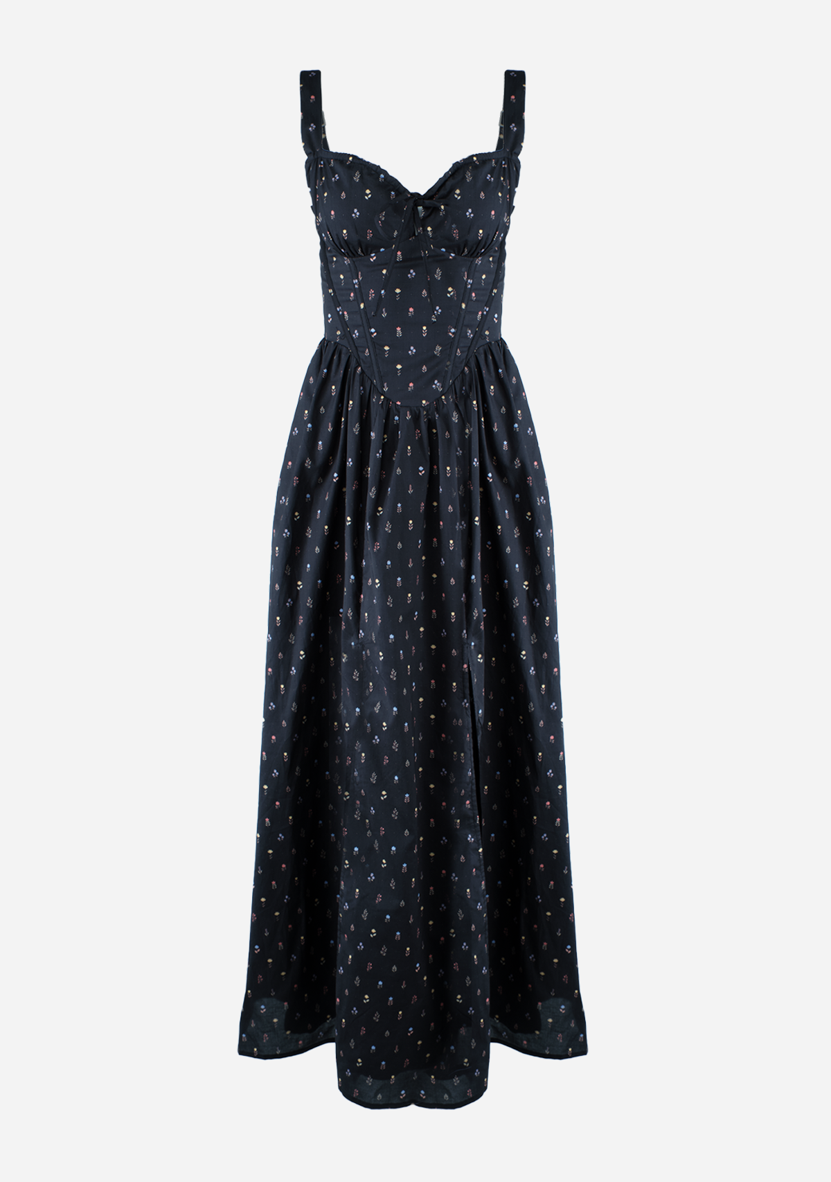 Wild Floral Poplin Wired Front Ribbon Maxi Dress Dark Navy